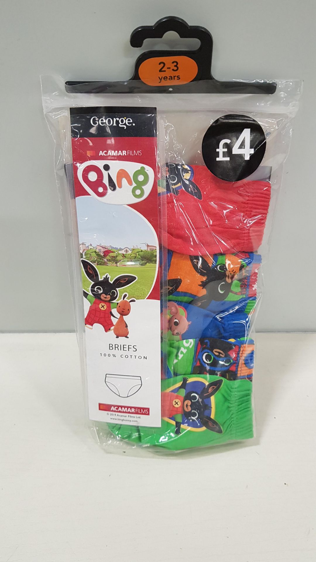 90 PACKS OF 5 GEORGE (BING) 100% COTTON KIDS BRIEFS SIZE 2-3 YEARS RRP-£4.00 TOTAL RRP-£360.00