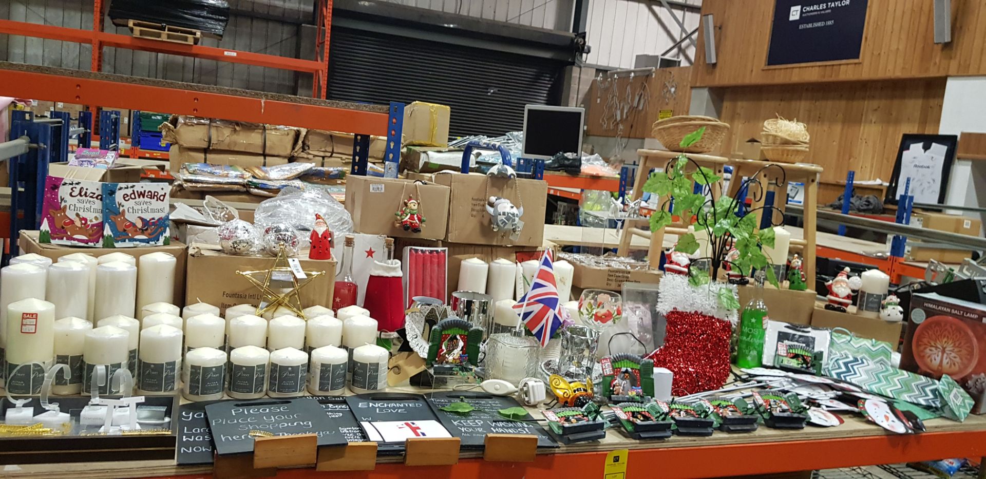 FULL BAY CONTAINING VARIOUS PRICES CANDLES, CHALK BOARDS, CHRISTMAS BOOKS, SALT LAMPS, CHAIRS,