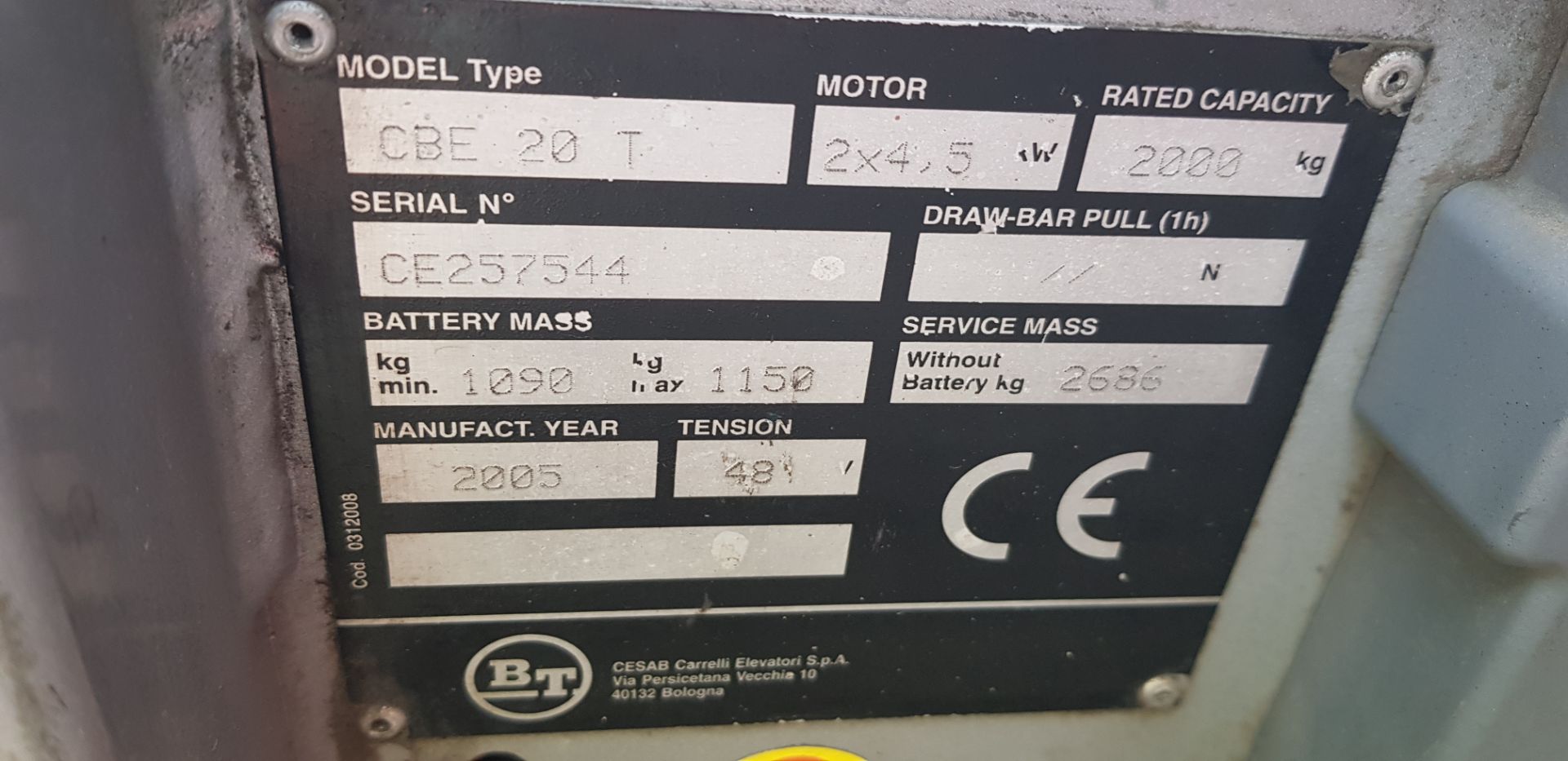 1 X ELECTRIC BT FORKLIFT (CBE 20 T) LIFTING CAPACITY - 2 TONNE FORKLIFT LENGTH - 1.1M FORKLIFT - Image 6 of 7