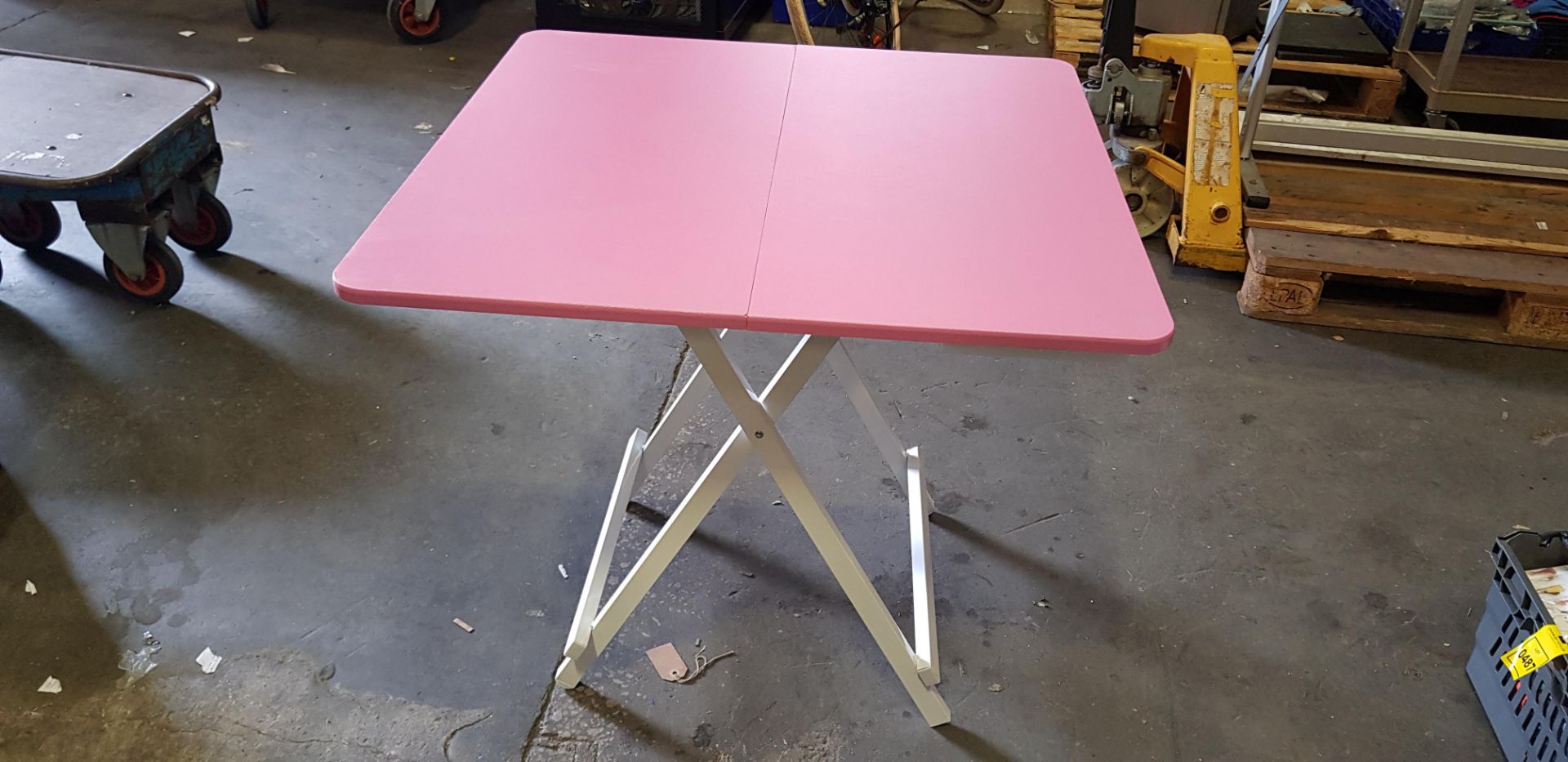 6 X 80CM PINK BISTRO TABLES (PLEASE NOTE VENEER MAY BE LIFTED)