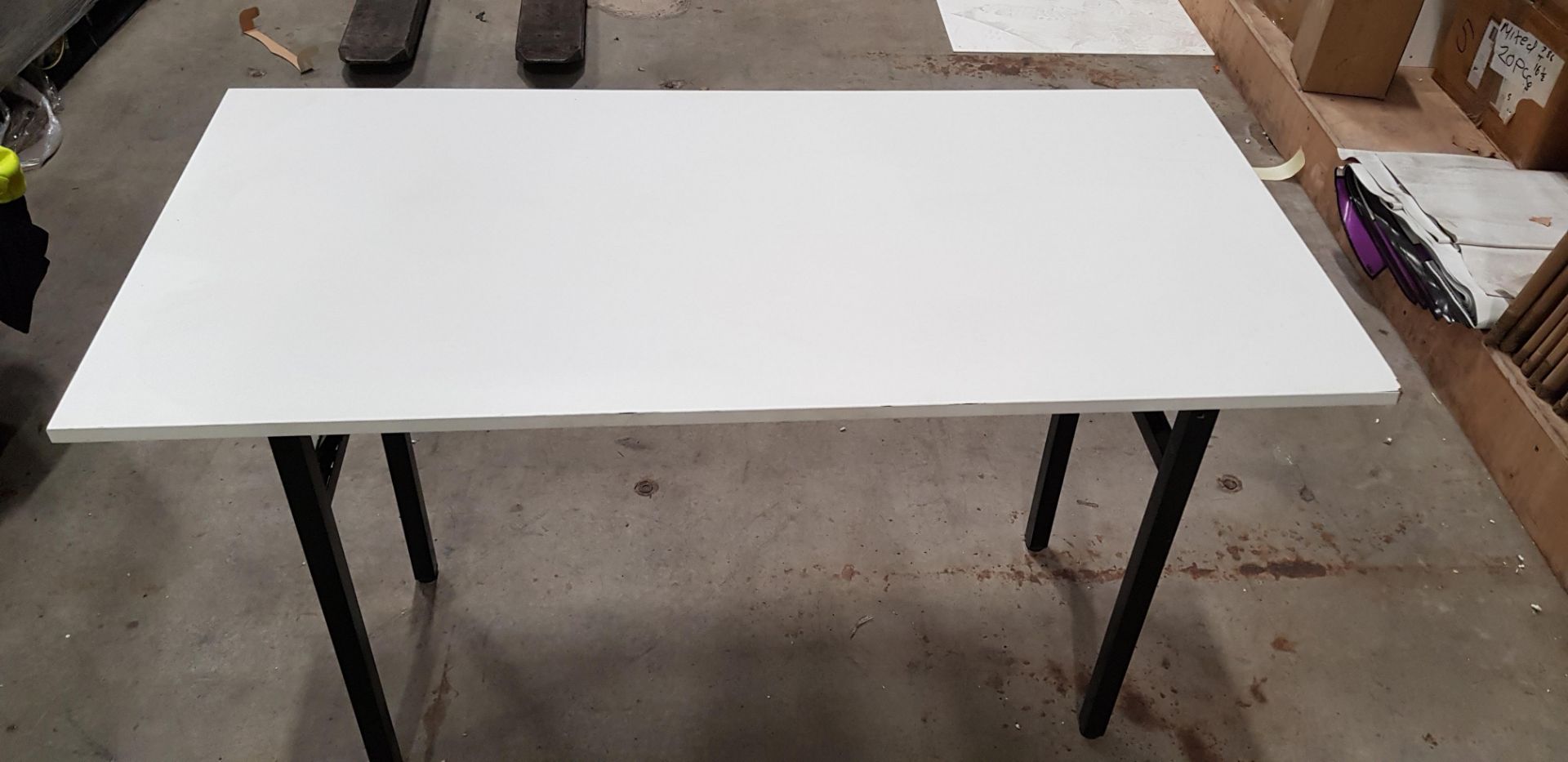 6 X 100CM X 50CM SINGLE WHITE TABLES (PLEASE NOTE VEENER MAY BE LIFTED)