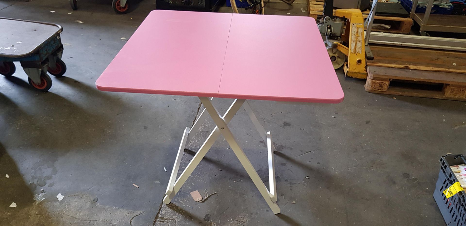 6 X 80CM PINK BISTRO TABLES (PLEASE NOTE VENEER MAY BE LIFTED)