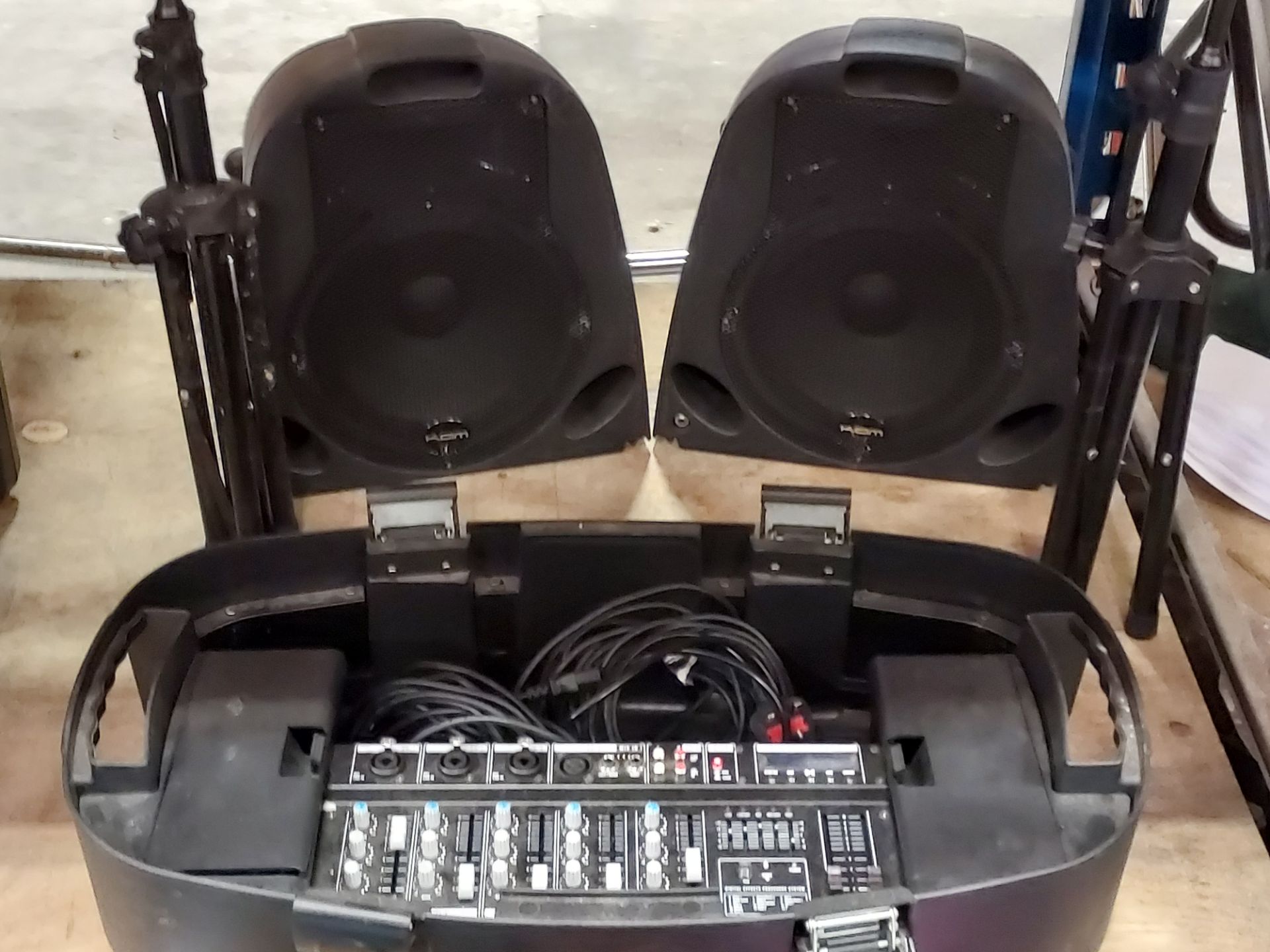 KAM TRANSPORTER 300 PORTABLE PA SYSTEM CONSISTING OF MIXING DECK, 2 SPEAKERS & SPEAKER STANDS (