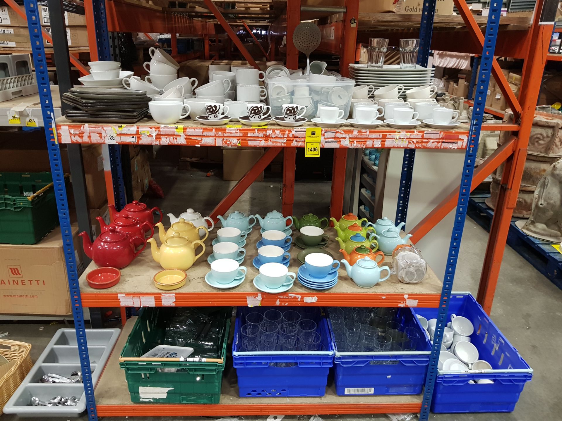 MISC LOT OF OVER 200 X CROCKERY ITEMS ON 3 SHELVES IE. TEA POTS, BREAKFAST CUPS & SAUCERS, TEA CUPS,