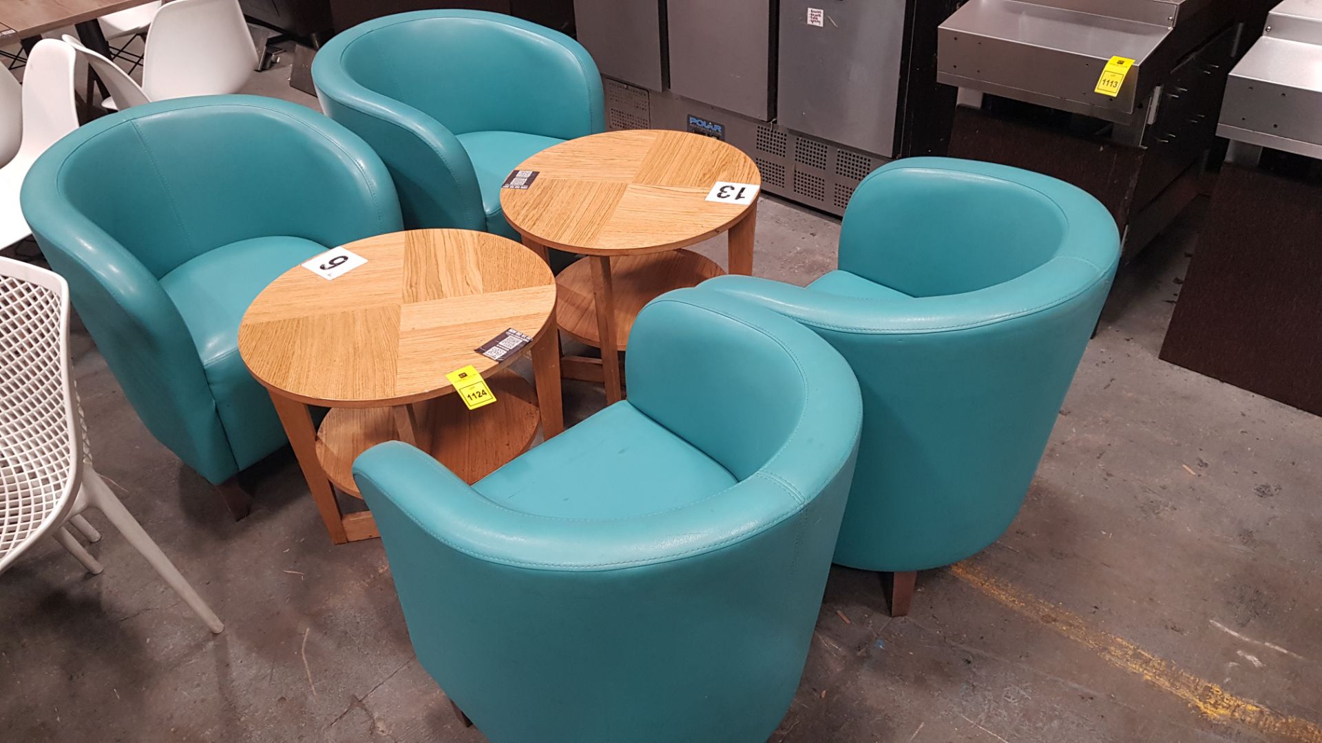 6 PIECE LOT CONTAINING 2 X WOODEN ROUND 2 TIER TABLES (60CM HEIGHT ) AND 4 X SINGLE CUSHIONED SOFA