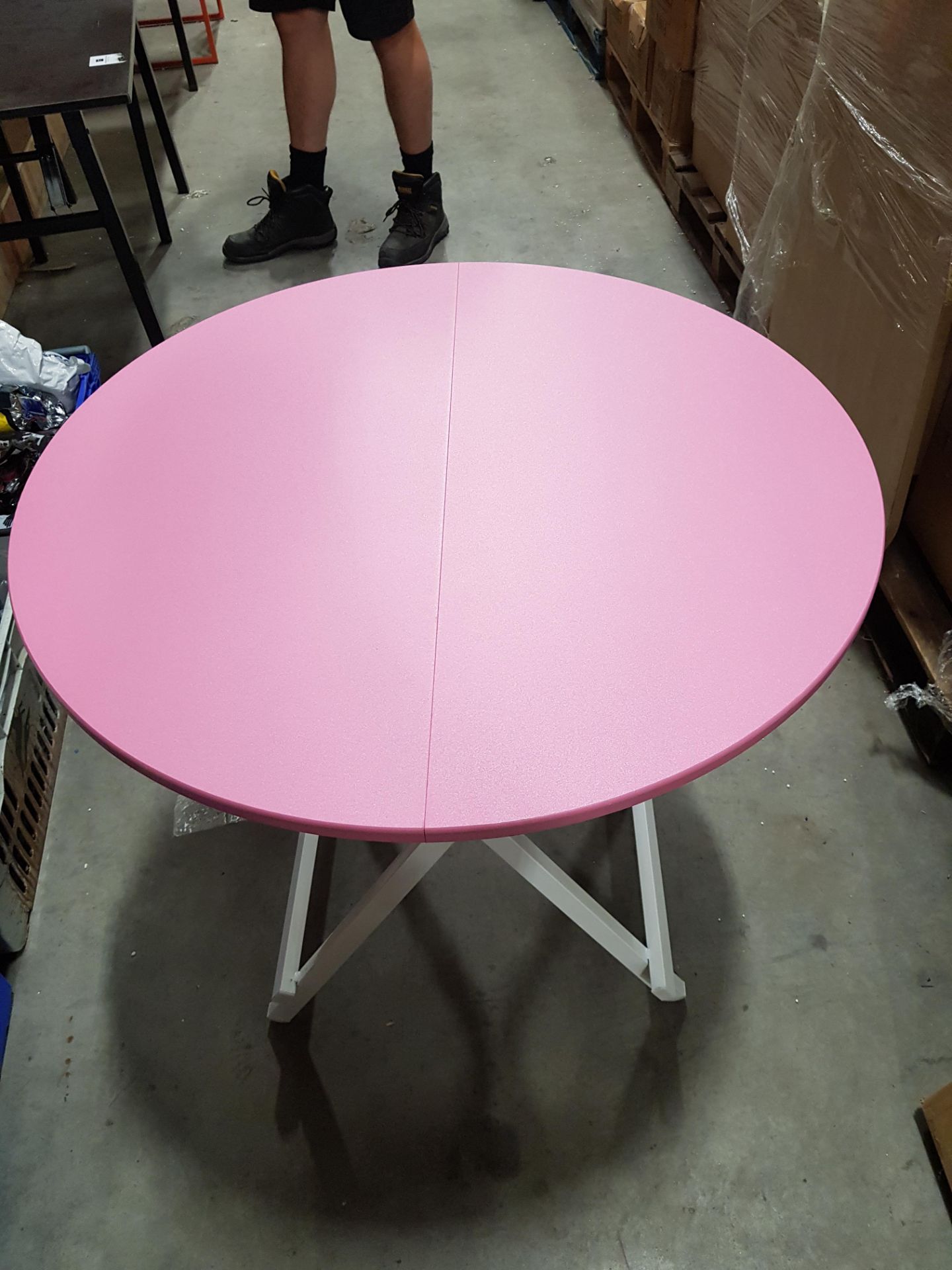16 X PINK TABLES 80CM ROUND (PLEASE NOTE THESE ARE FACTORY SECONDS, VENEER MAY BE LIFTED AND MINOR