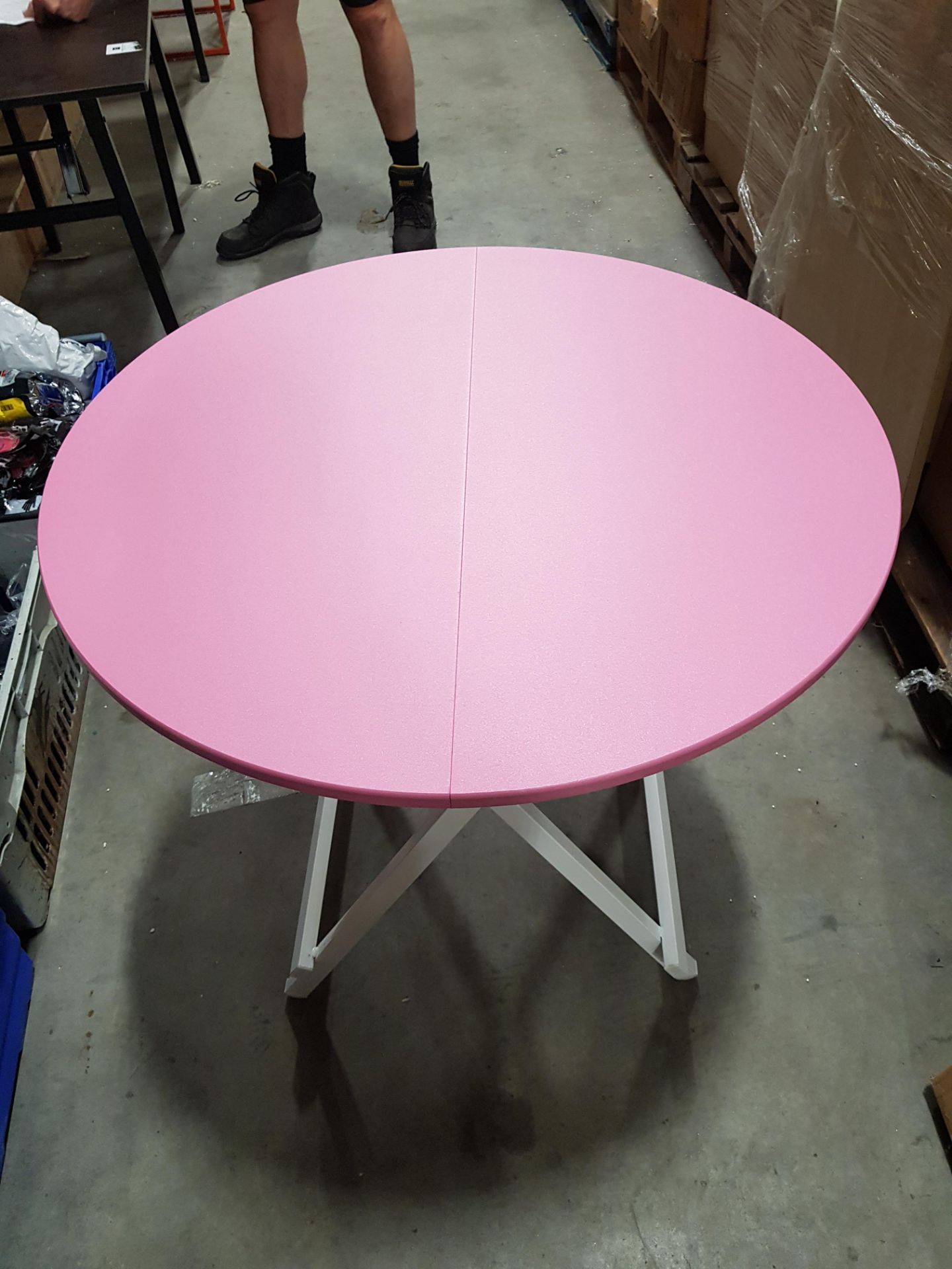 16 X PINK TABLES 80CM ROUND (PLEASE NOTE THESE ARE FACTORY SECONDS, VENEER MAY BE LIFTED AND MINOR