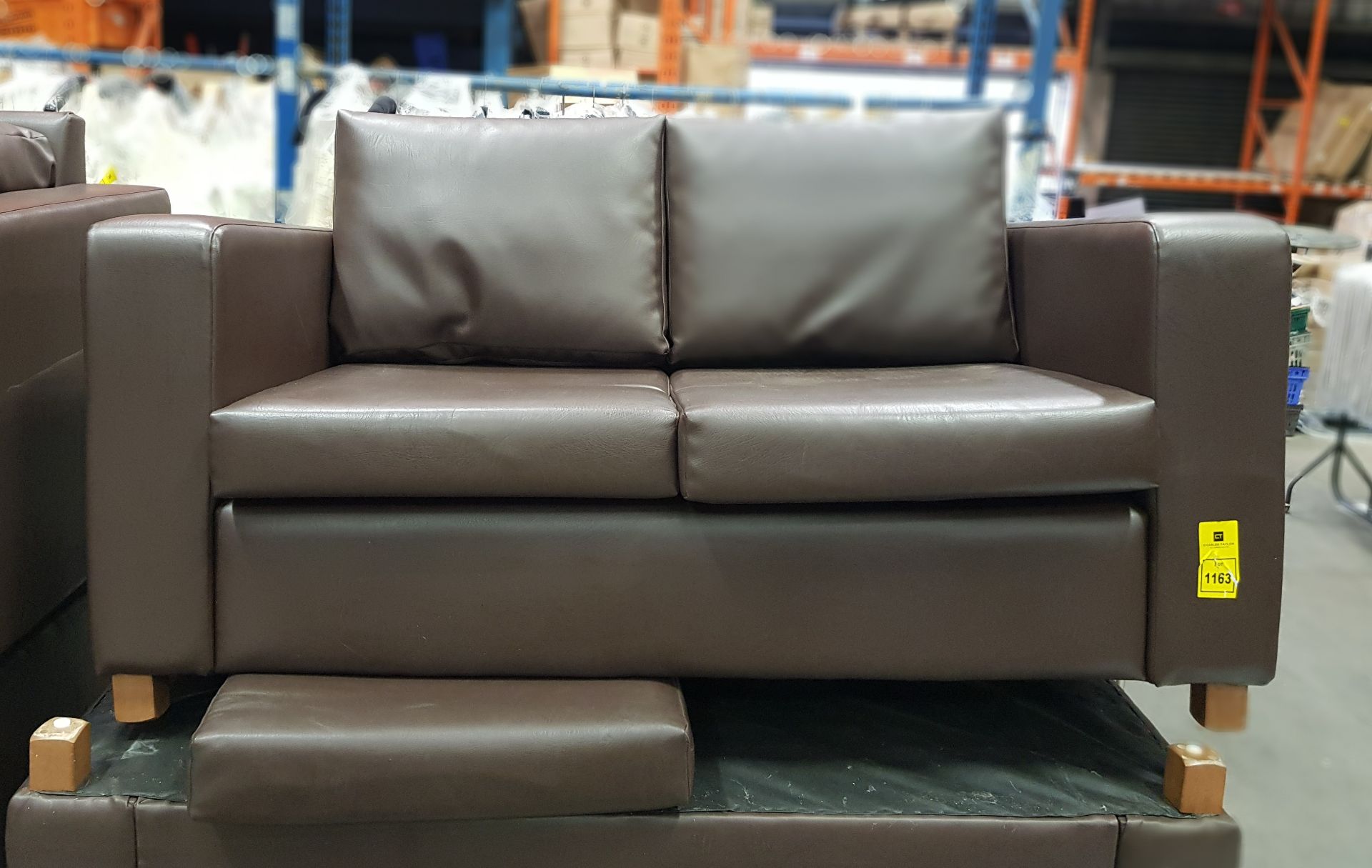 3 X 2 SEATED SOFAS WITH CUSHIONS IN ALL IN BROWN FAUX LEATHER ( DIMENSIONS - SEATING HEIGHT 40