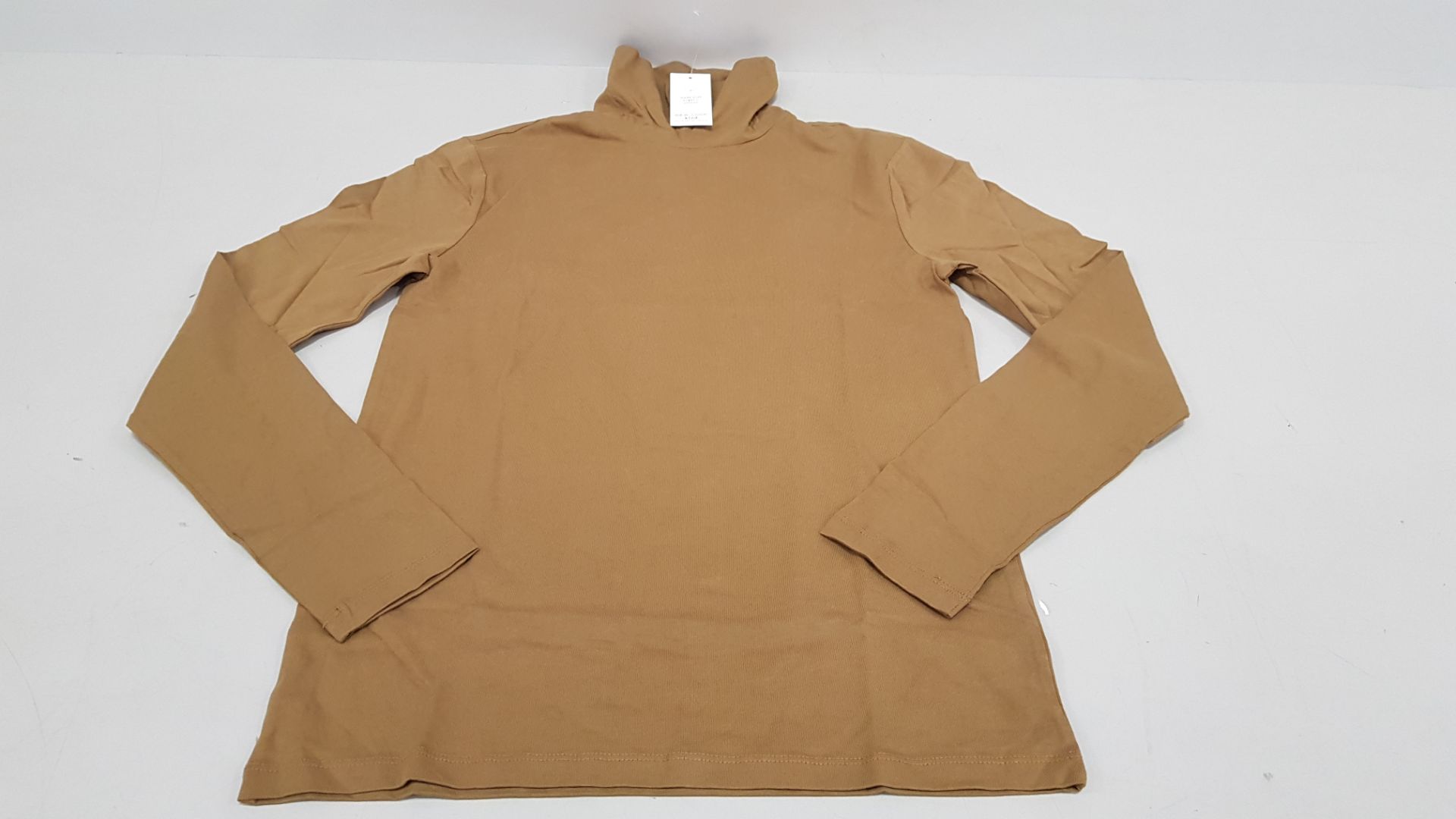 52 X BRAND NEW NEW LOOK TAN COLOURED LONG SLEEVED SHIRTS WITH ROLL NECK - IN SIZE SMALL *MADE WITH