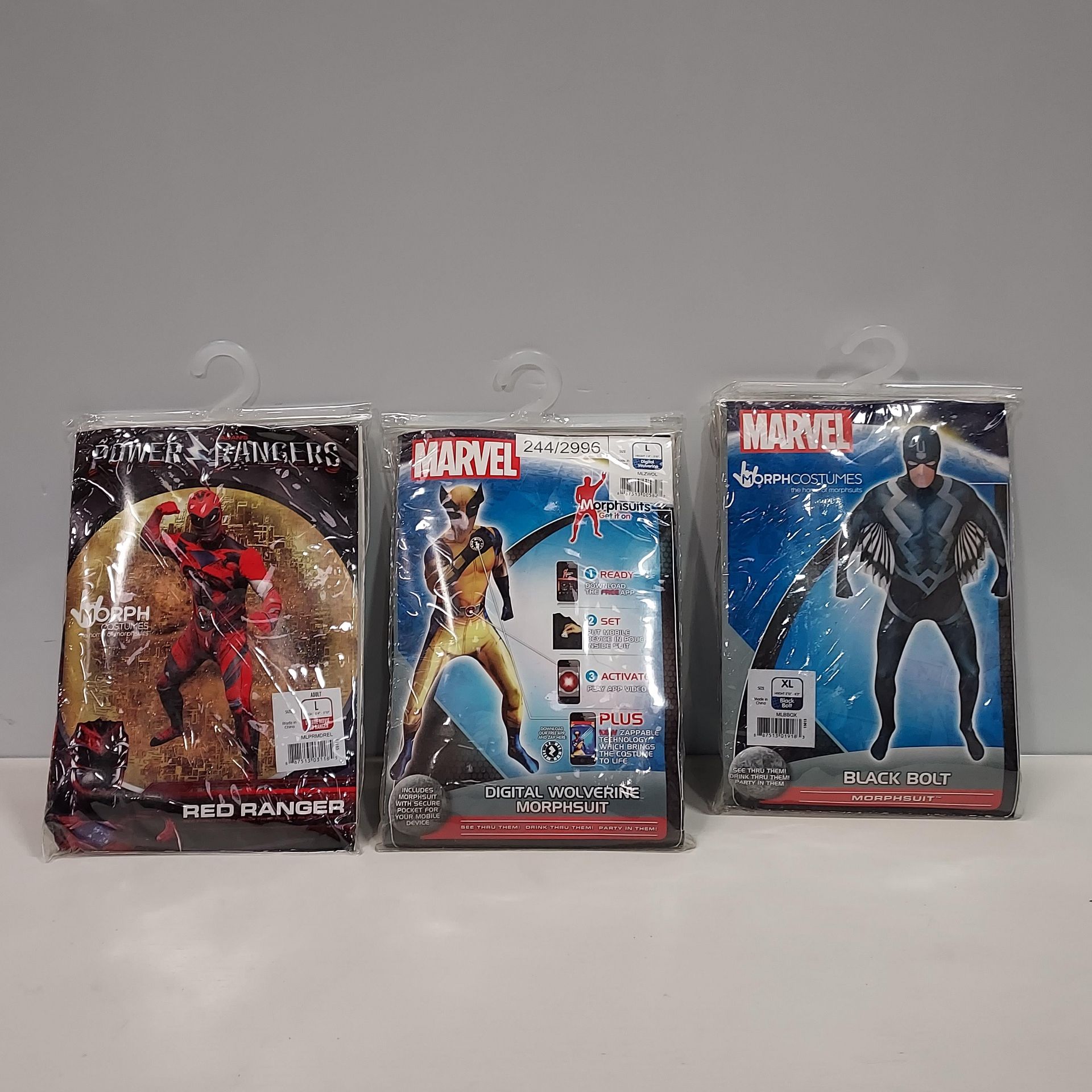 20 X BRAND NEW MORPHSUITS IN VARIOUS STYLES AND SIZES IE, RED POWER RANGER, MARVEL BLACK BOLT,
