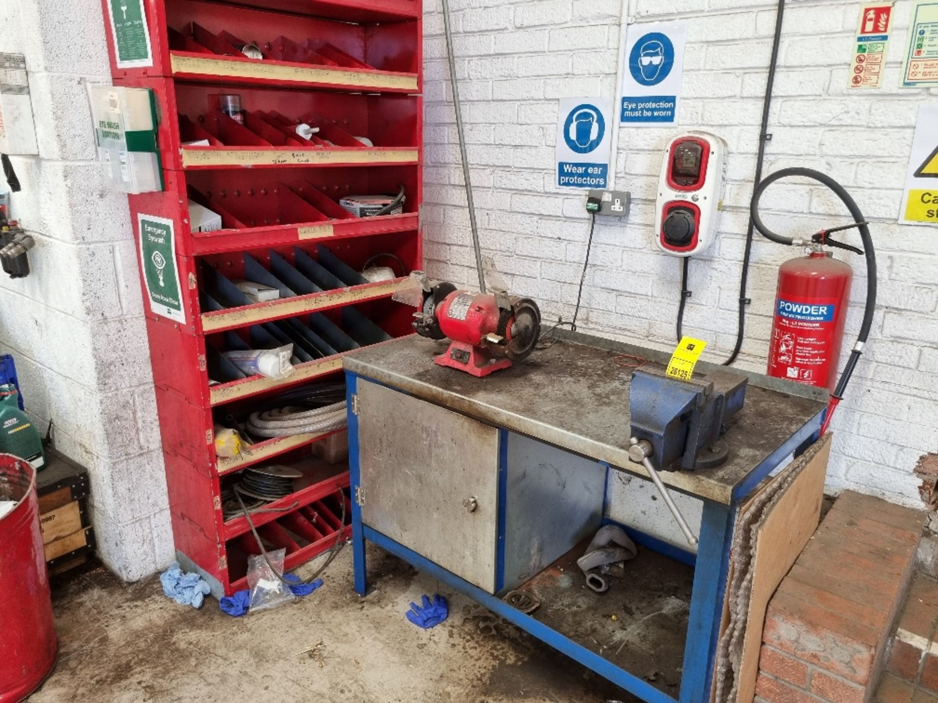 JAS STEEL TOP HEAVY DUTY WORKBENCH WITH DRAWER, VICE AND SEALEY BENCH GRINDER AND RED STEEL RACK