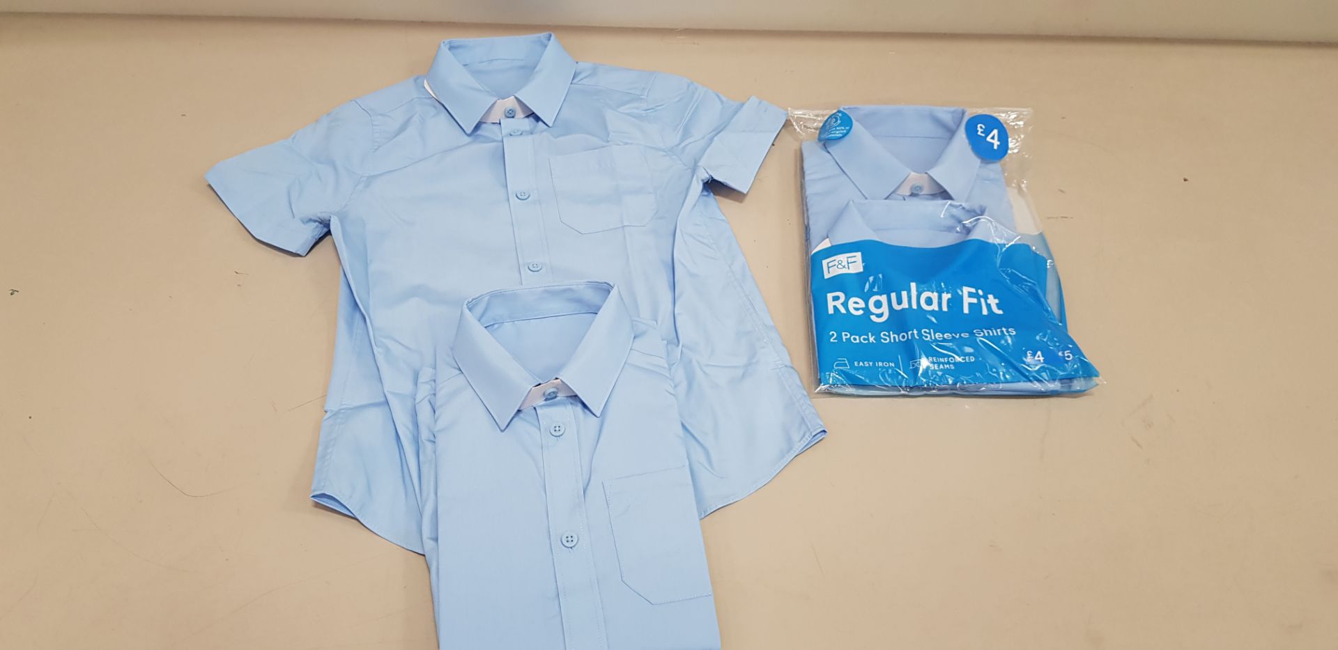 80 X BRAND NEW F&F PACKS OF 2 BOYS REGULAR FIT BLUE SHIRTS IN LONG AND SHORT SLEEVE ALL IN VARIOUS