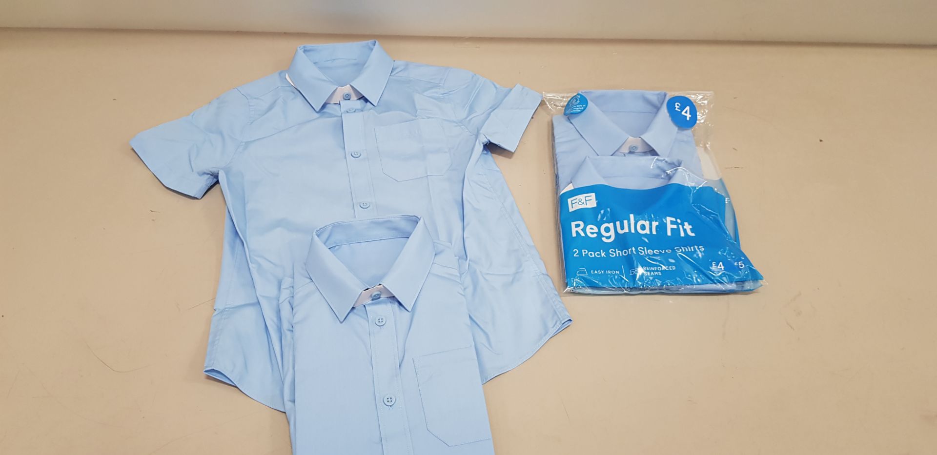 80 X BRAND NEW F&F PACKS OF 2 BOYS REGULAR FIT BLUE SHIRTS IN LONG AND SHORT SLEEVE ALL IN VARIOUS