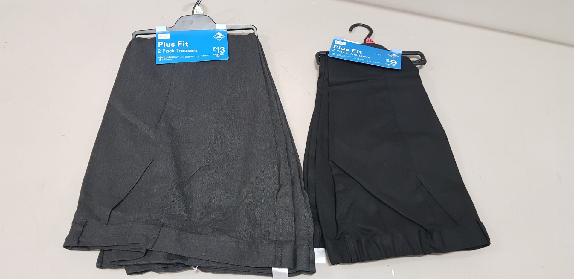 60 X BRAND NEW F&F PACKS OF 2 BOYS PLUS FIT TROUSERS ALL IN VARIOUS SIZES TO INCLUDE ( 4-5 YRS - 6-7