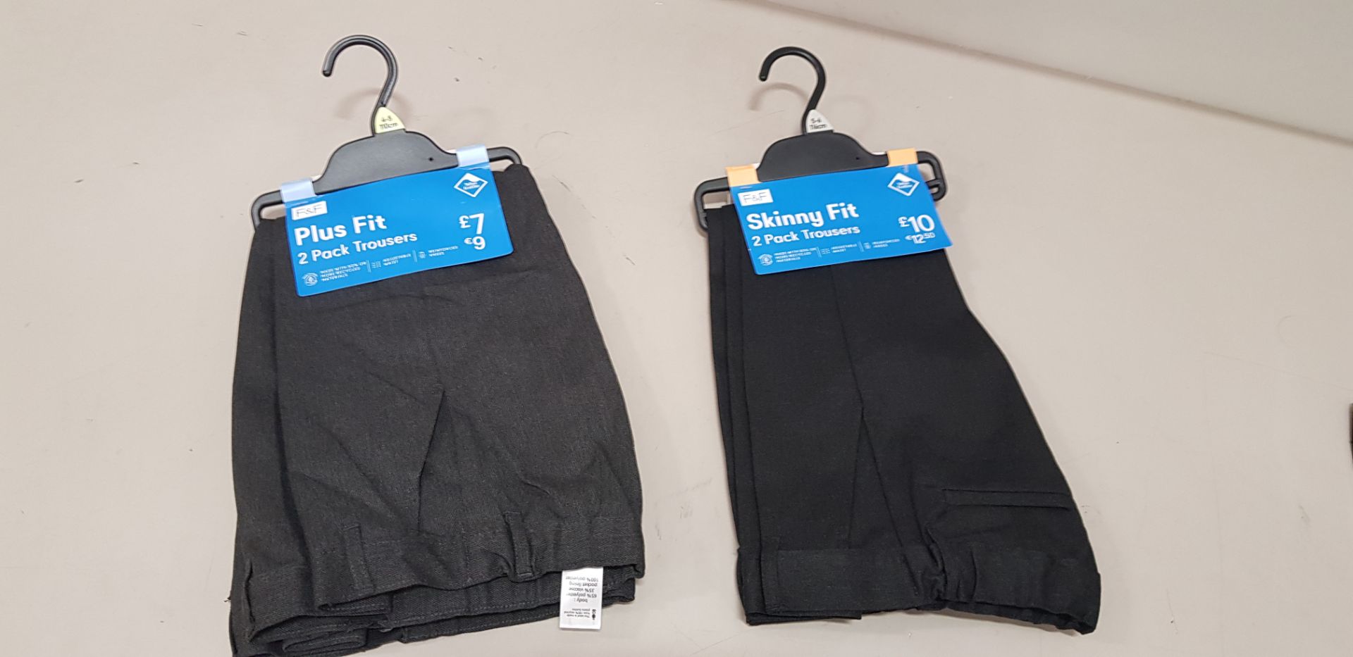 50 X BRAND NEW F&F BOYS PACKS OF 2 MIXED TROUSER LOT TO INCLUDE SKINNY FIT TROUSERS , REGULAR FIT