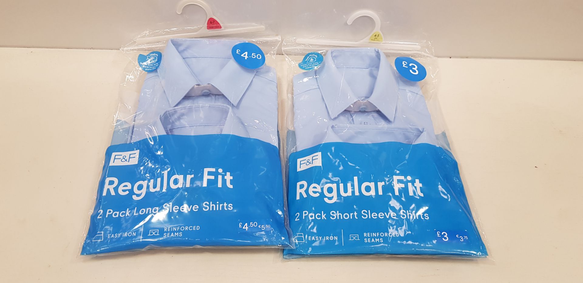 80 X BRAND NEW F&F ( PACKS OF 2) BOYS REGULAR FIT SHIRTS ALL IN VARIOUS SIZES IN LONG AND SHORT