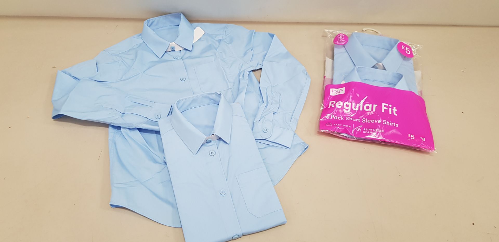 80 X BRAND NEW F&F PACKS OF 2 GIRLS REGULAR FIT BLUE SHIRTS IN LONG AND SHORT SLEEVE ALL IN