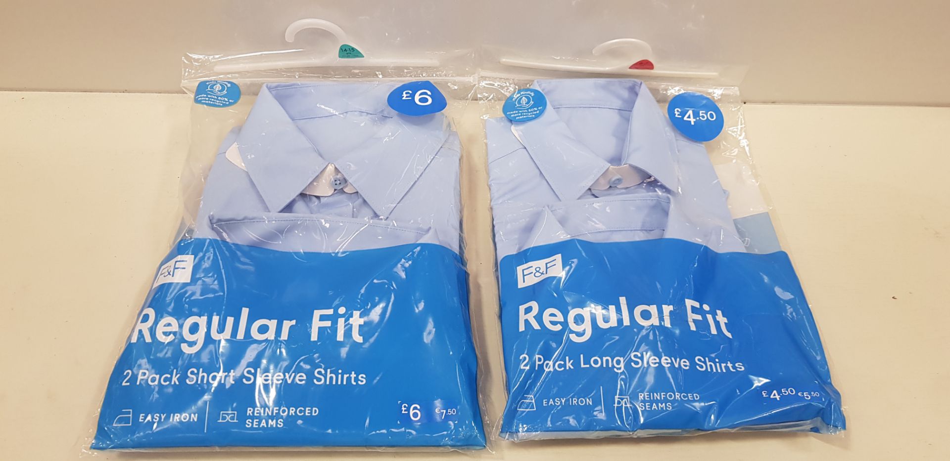 80 X BRAND NEW F&F ( PACKS OF 2) BOYS REGULAR FIT SHIRTS ALL IN VARIOUS SIZES IN LONG AND SHORT