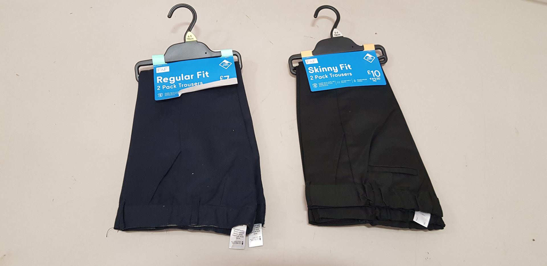 58 X BRAND NEW F&F BOYS PACKS OF 2 MIXED TROUSER LOT TO INCLUDE REGULAR FIT TROUSERS , SKINNY FIT