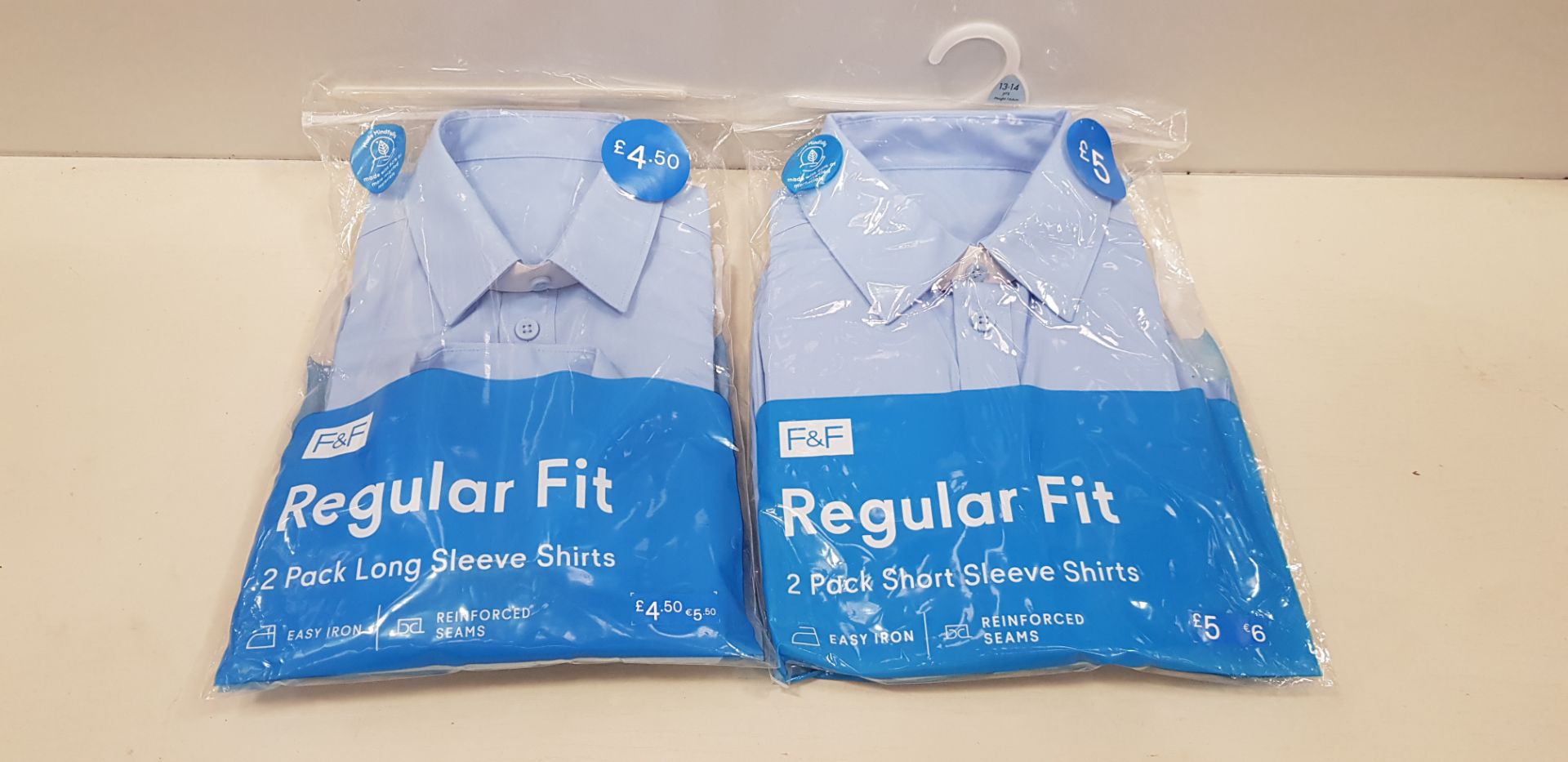 80 X BRAND NEW F&F ( PACKS OF 2) BOYS REGULAR FIT SHIRTS ALL IN VARIOUS SIZES IN LONG AND SHORT