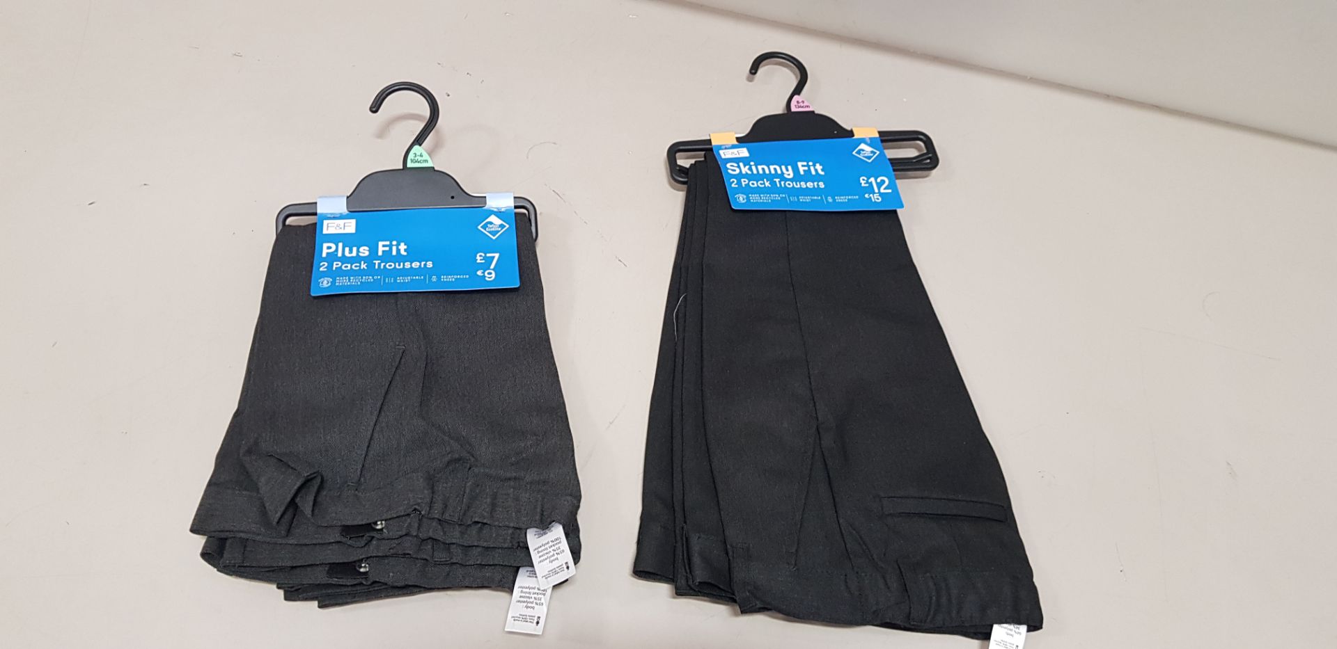 55 X BRAND NEW F&F PACKS OF 2 BOYS MIXED TROUSERS LOT CONTAINING SKINNY FIT TROUSERS , PLUS FIT