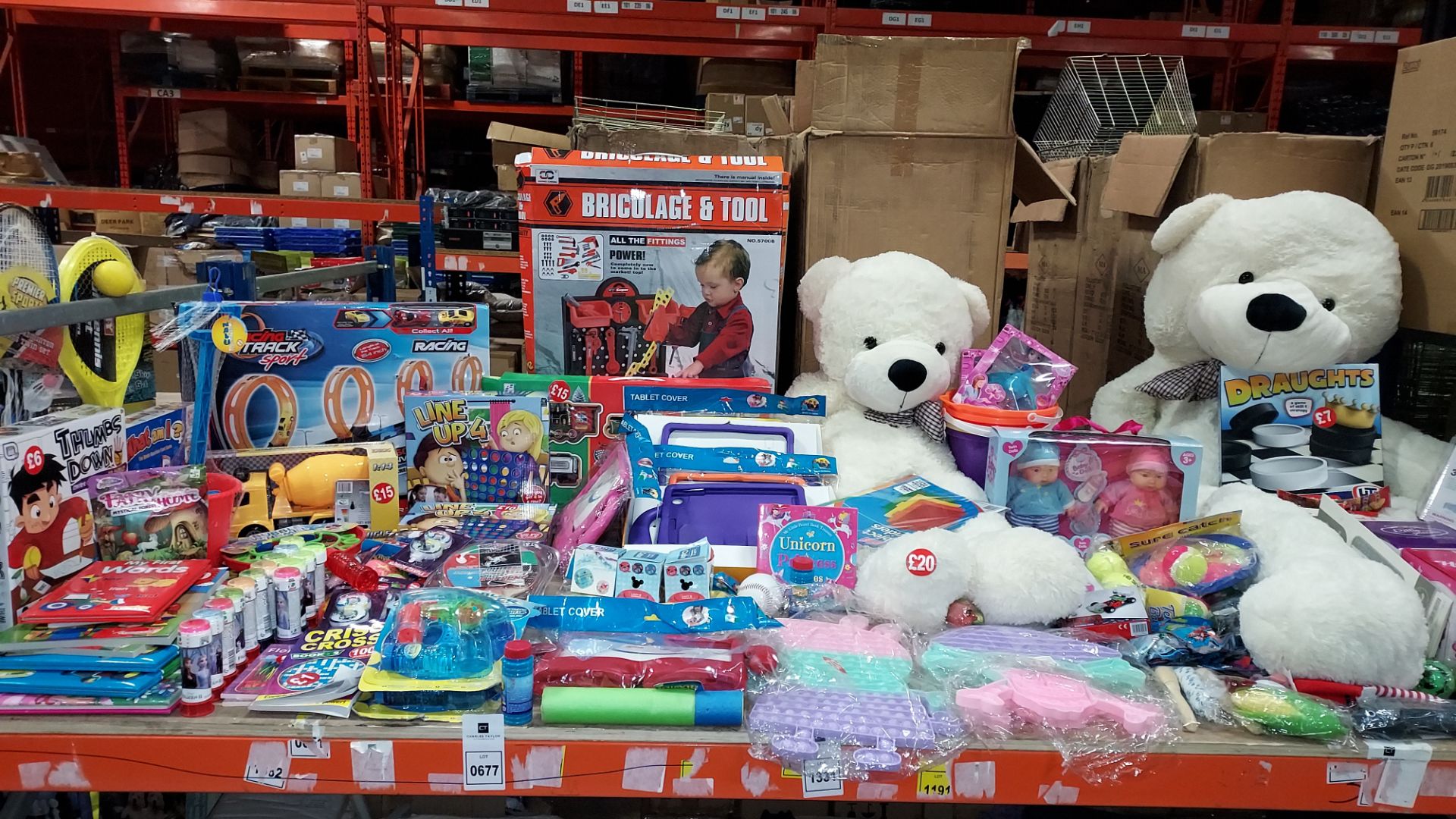 FULL BAY TOY LOT TO INCLUDE LARGE STUFFED TEDDY BEARS , LINE 4 UP , THUMBS DOWN , RACING TRACK