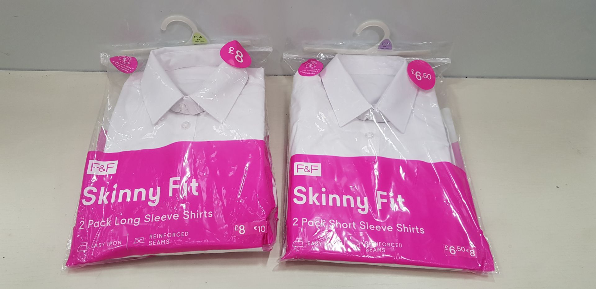 80 X BRAND NEW F&F ( PACKS OF 2) GIRLS SKINNY FIT WHITE SHIRTS ALL IN VARIOUS SIZES IN LONG AND