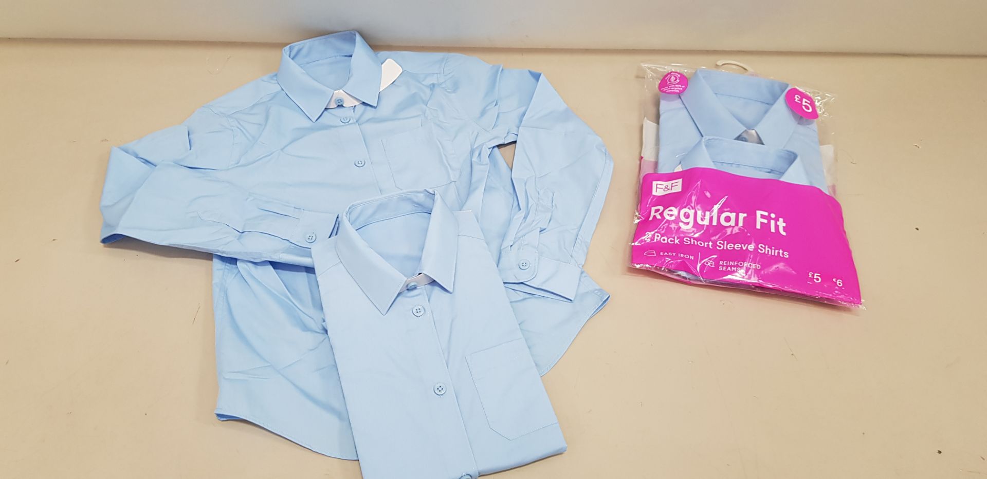 80 X BRAND NEW F&F PACKS OF 2 GIRLS REGULAR FIT BLUE SHIRTS IN LONG AND SHORT SLEEVE ALL IN