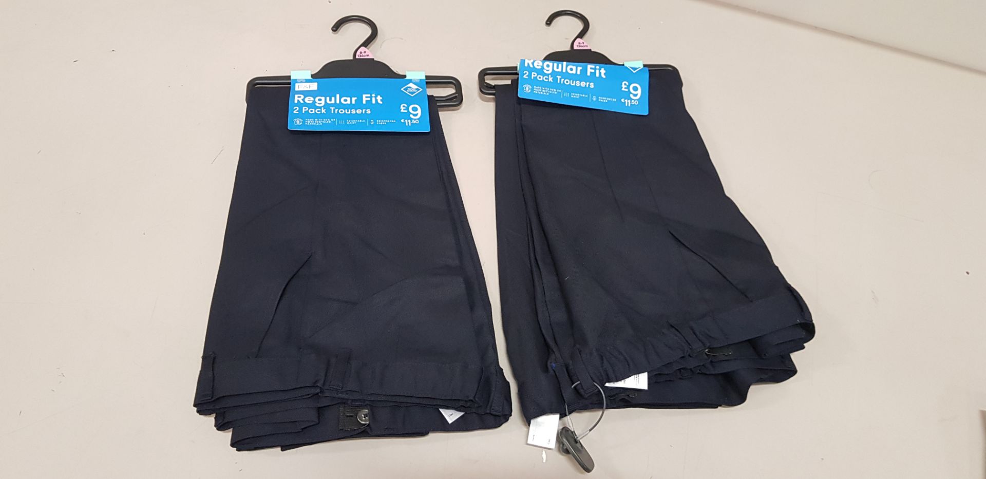 60 X BRAND NEW F&F PACKS OF 2 BOYS REGULAR FIT TROUSERS IN SIZE 8-9 YRS - ALL NAVY (NOE: SECURITY