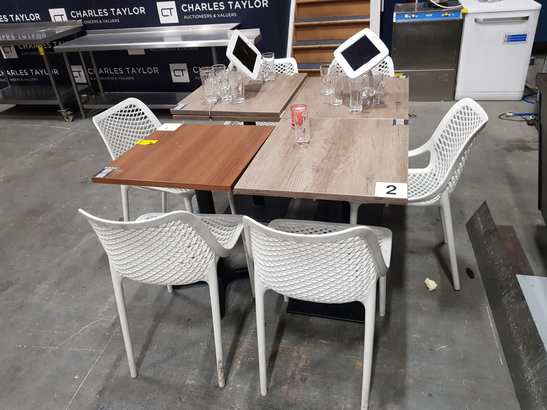 10 PIECE LOT CONTAINING 4 X RECTANGLE WOODEN TABLES - (70CM L X 53CM W X 75CM H ) INCLUDES 2 APPLE