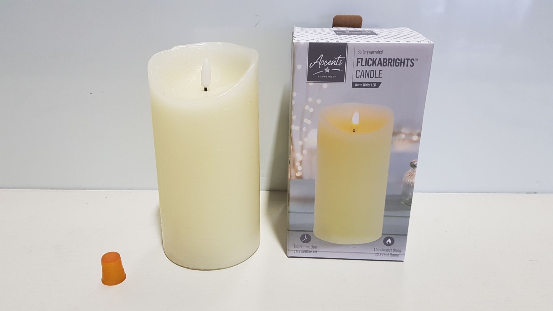 60 X BRAND NEW PREMIER FLICKABRIGHTS CANDLE WTH WARM WHITE LED ( BATTERY OPERATED ) - WITH TIMER