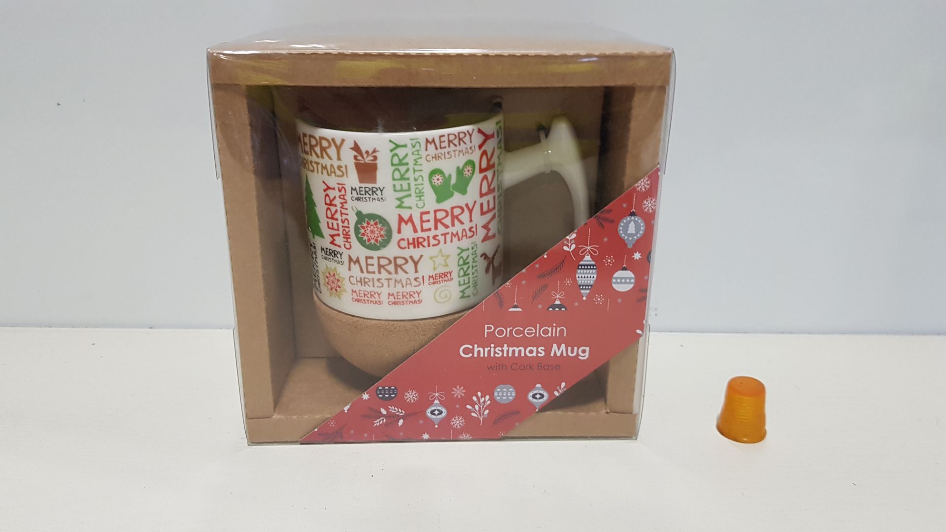 168 X BRAND NEW PORCELAIN CHRISTMAS MUG WITH CORK BASE - EACH CUP IN SEPARATE PACKAGING - ALL IN 7