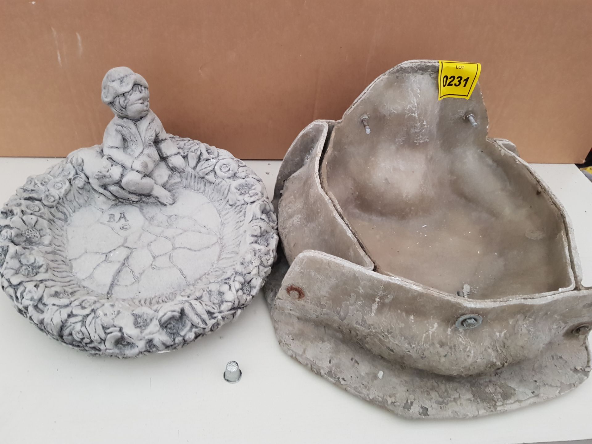 35CM FLOWER DETAIL BIRD BATH BOWL WITH BOY MASTER CAST WITH LATEX SLIP & FIBRE GLASS MOULD (FOR