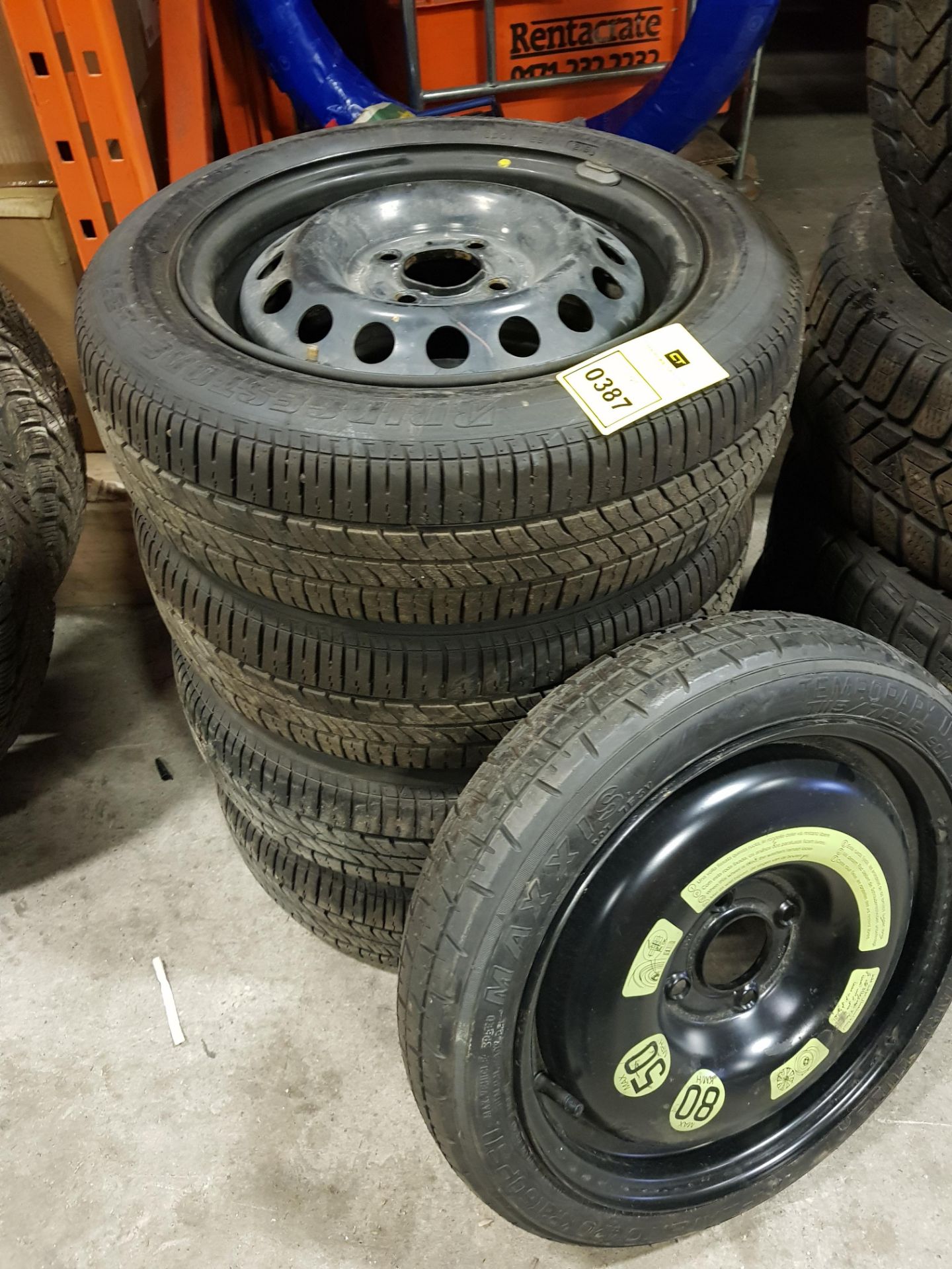 4 X PART WORN BRIDGESTONE TYRES 165/60R14 75H WITH STEEL WHEELS, ALSO TO INCLUDE 1 X SPARE TYRE