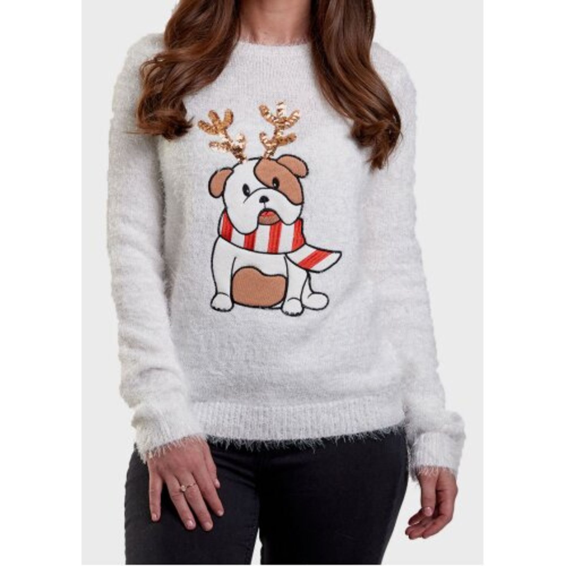 25 X BRAND NEW NOVELTY FESTIVE JUMPERS IE. FLUFFY SEQUINED BULLDOG RED (UK16 - 6), CREAM (UK 16 - 9, - Image 2 of 2