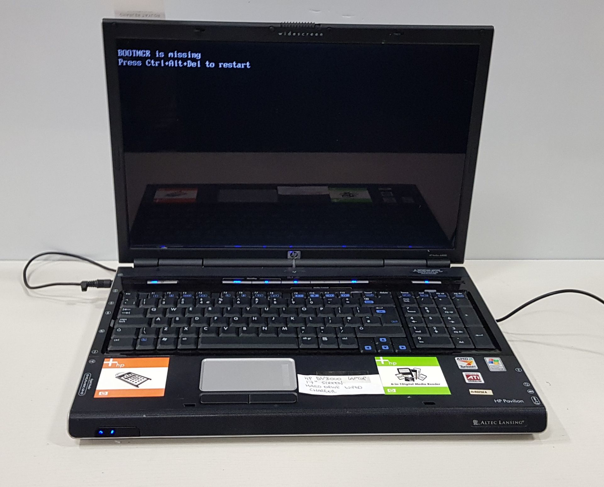 1 X HP DV8000 LAPTOP 17SCREEN WITH CHARGER (HARD DRIVE WIPED NO OS)