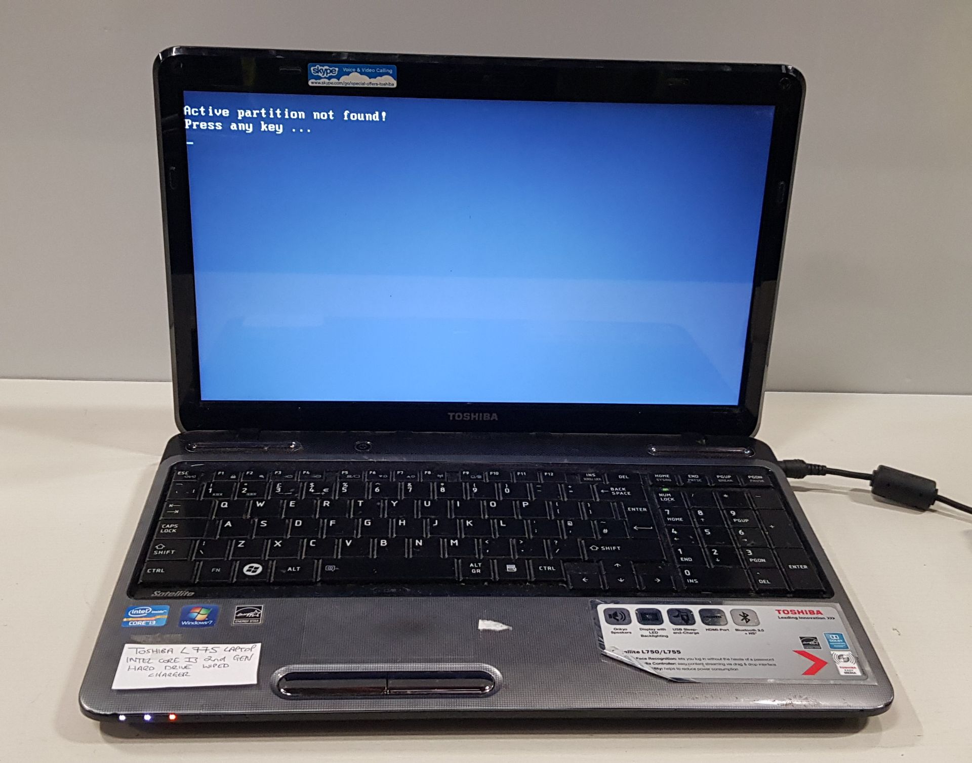 1 X TOSHIBA L775 LAPTOP INTEL CORE I3 2ND GEN WITH CHARGER (HARD DRIVE WIPED NO OPS)