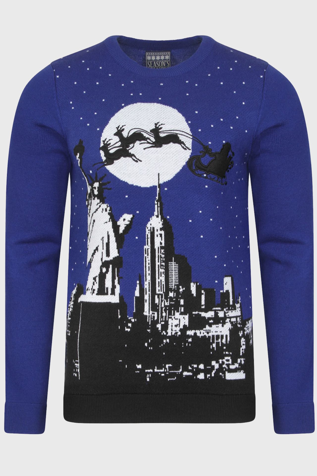 39 X BRAND NEW NOVELTY FESTIVE JUMPERS IE. SANTA SLEIGH IN NEW YORK BLUE (XL-6, L-26), MERRY
