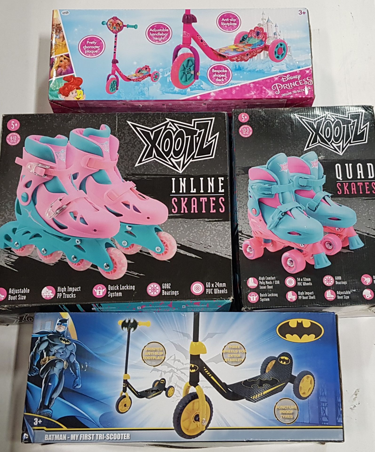 10 X BRAND NEW MIXED SCOOTERS/SKATES IE. 6 X XOOTZ INLINE SKATES, 1 X BATMAN TRI SCOOTER, 1 X