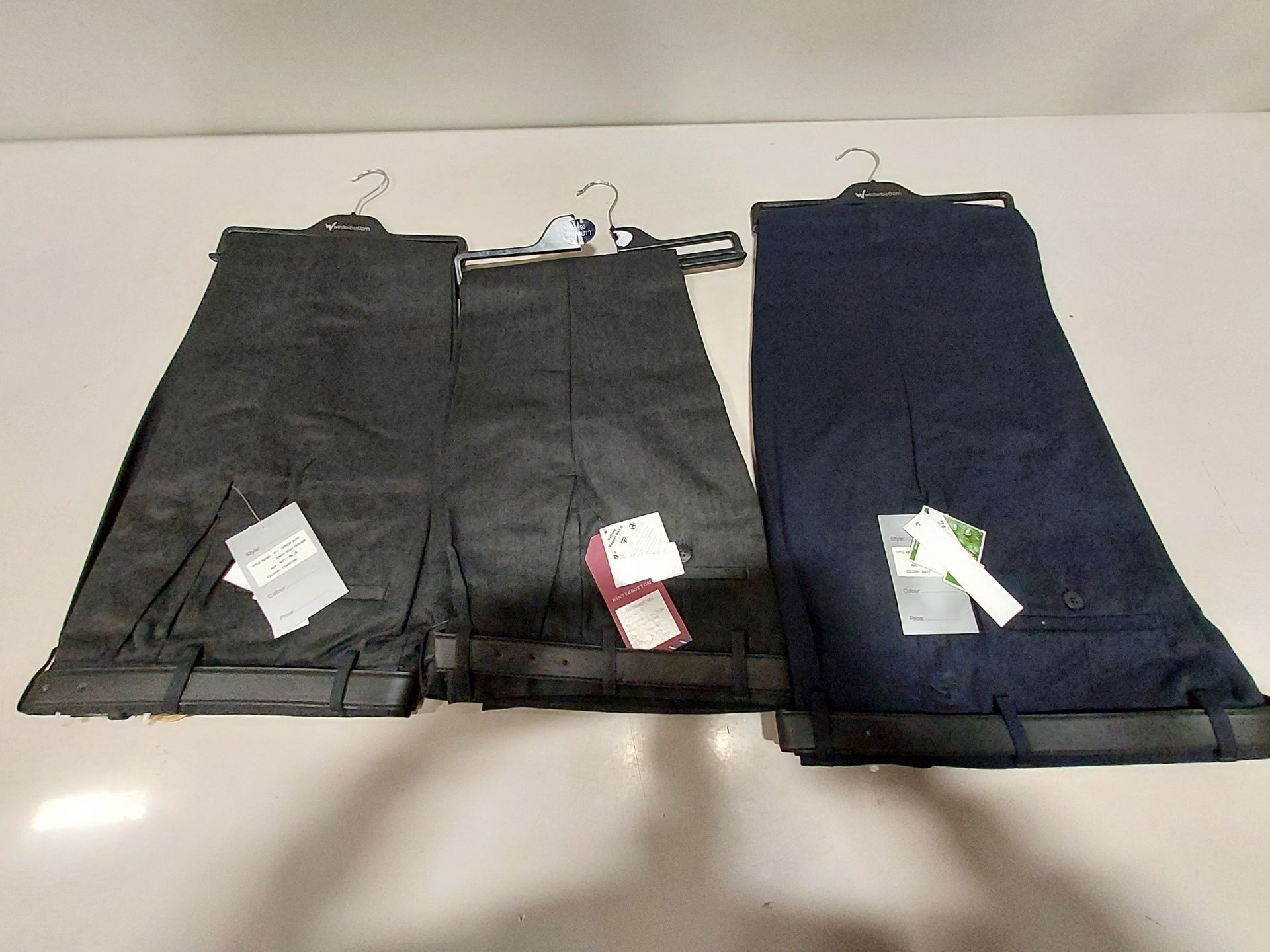 100 + PIECE MIXED WINTERBOTTOMS TROUSERS LOT IN VARIOUS COLOURS AND SIZES IE. CHARCOAL, NAVY AND