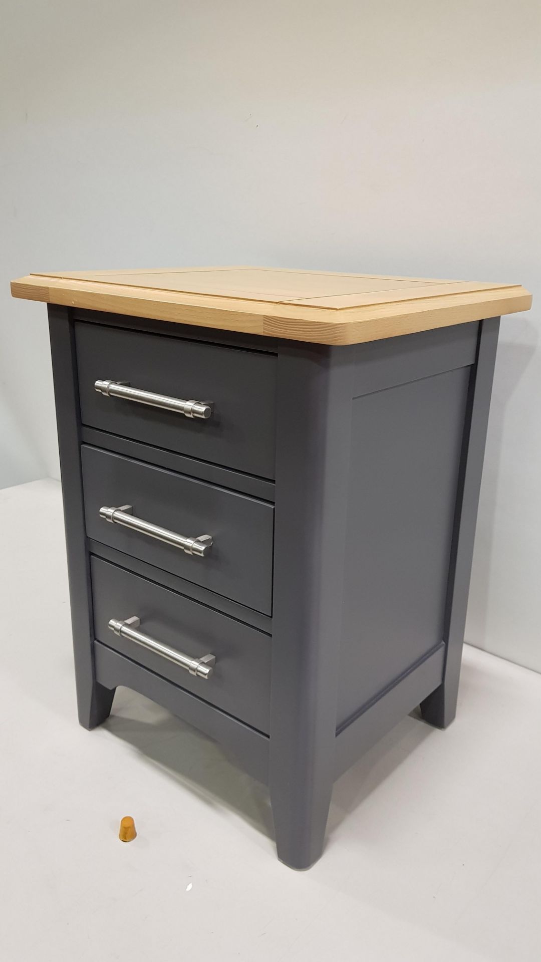 1 X BRAND NEW SOLID OAK NORMANDY BED SIDE CABINET WITH 3 DRAWERS IN DARK GREY - ACTUAL ITEM