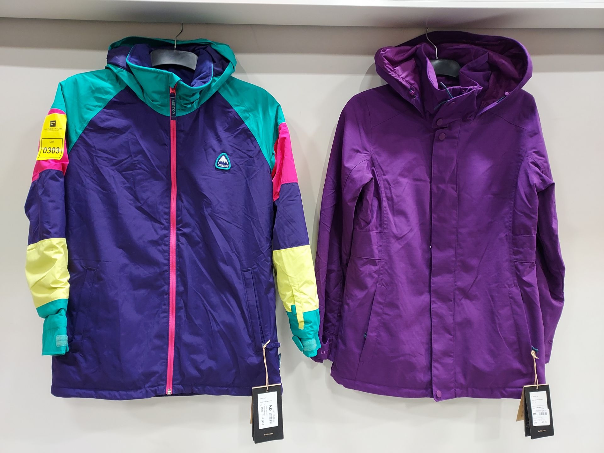 2 X BRAND NEW WINTER JACKETS TO INCLUDE BURTONS HART BLACK RAINBOW JACKET - SIZE UK 13 (XL) £109.