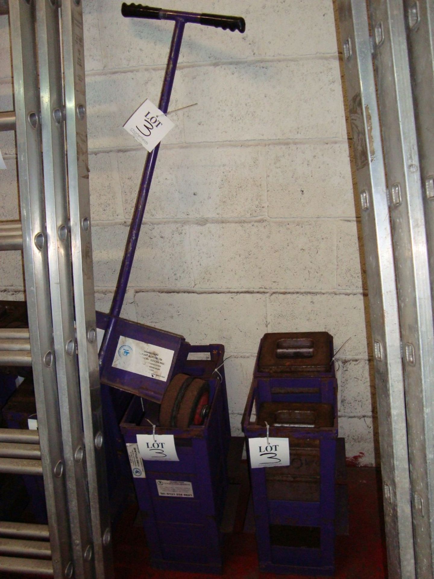 A quantity of 20kg test weights with six stillages and trolley