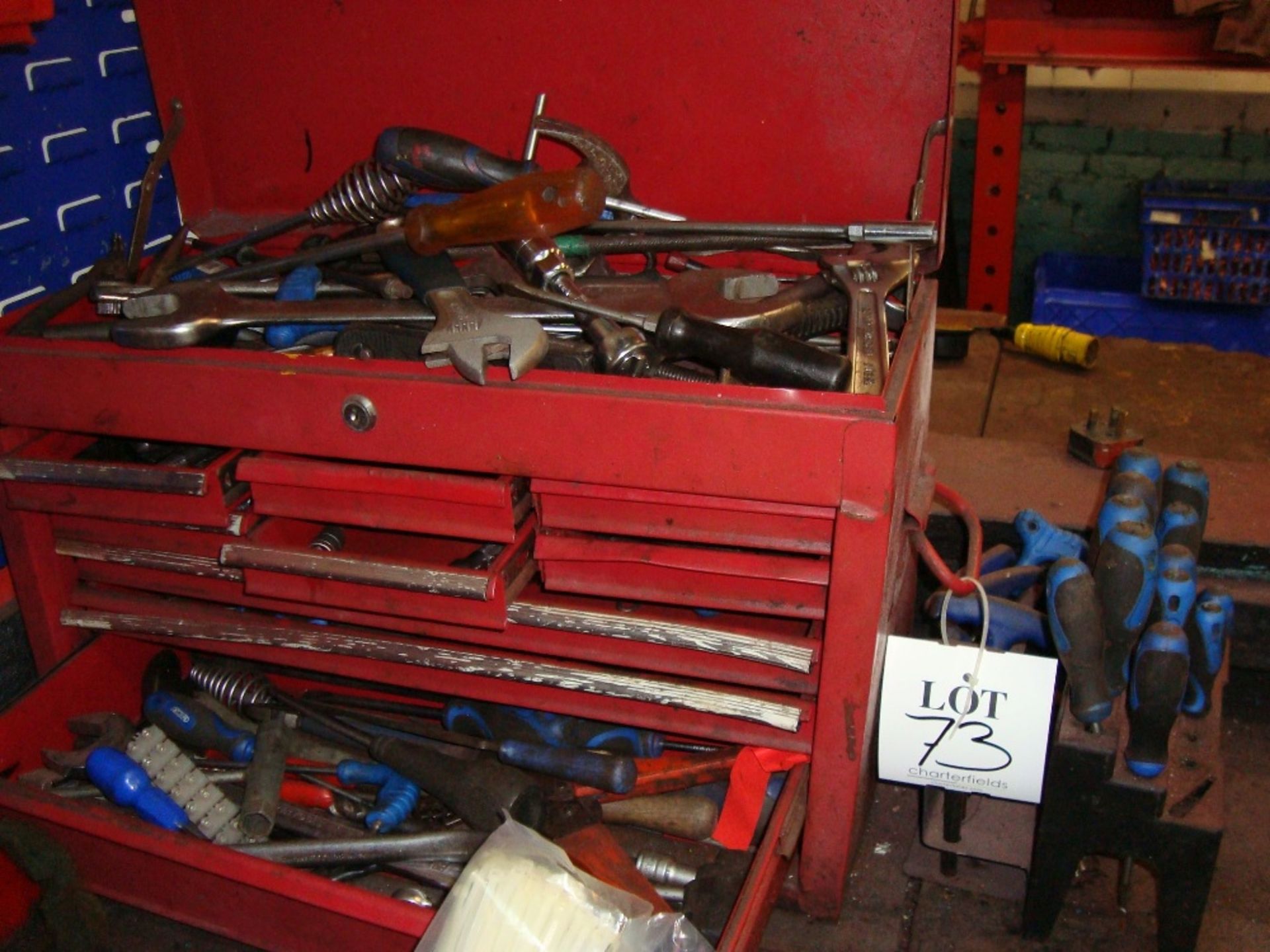 A quantity of bench vices, small tools, equipment and spares throughout area, as lotted