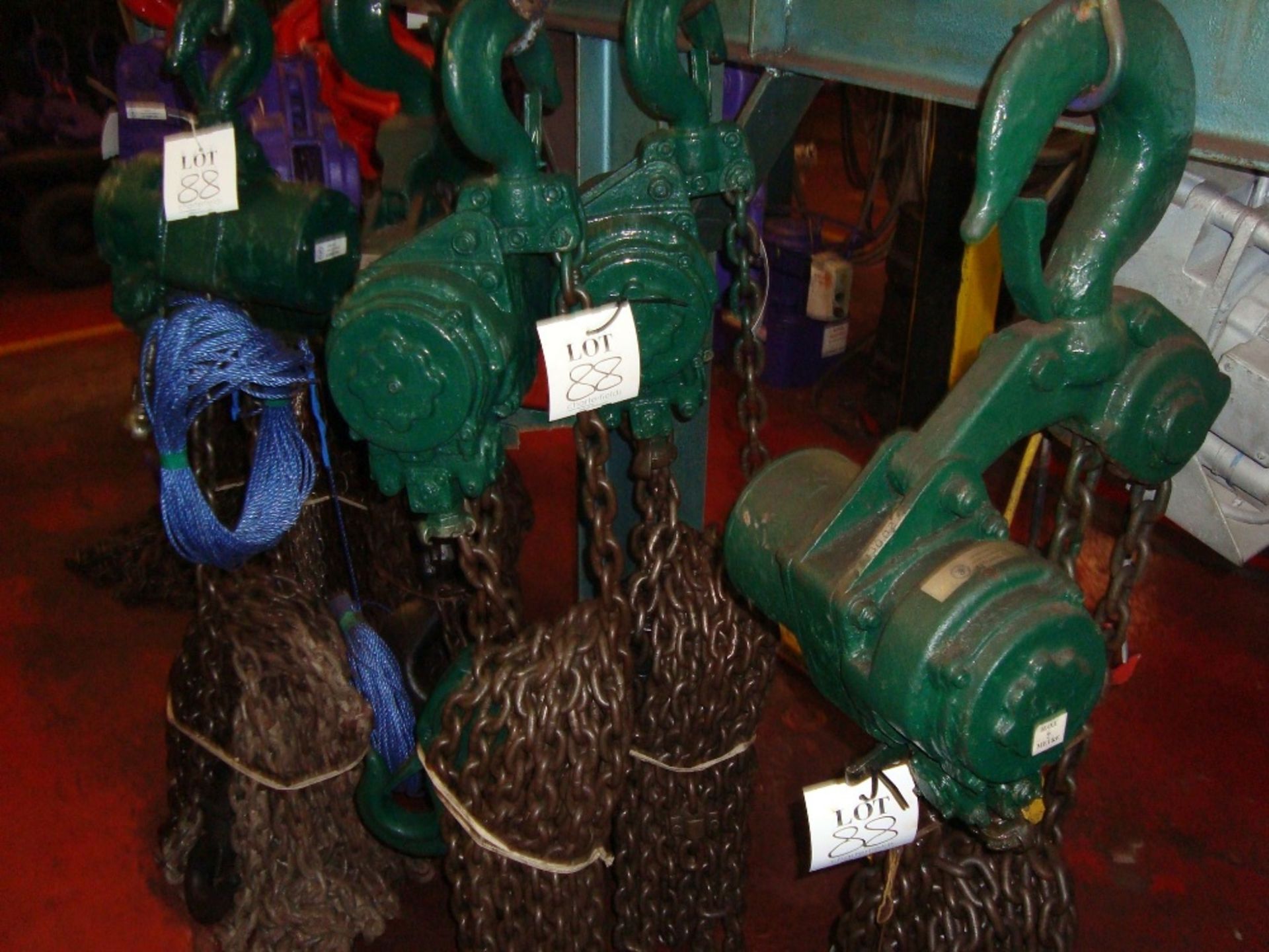 A quantity of approximately 19 pneumatic powered chain hoists, 500kg - 10 tonne, as lotted