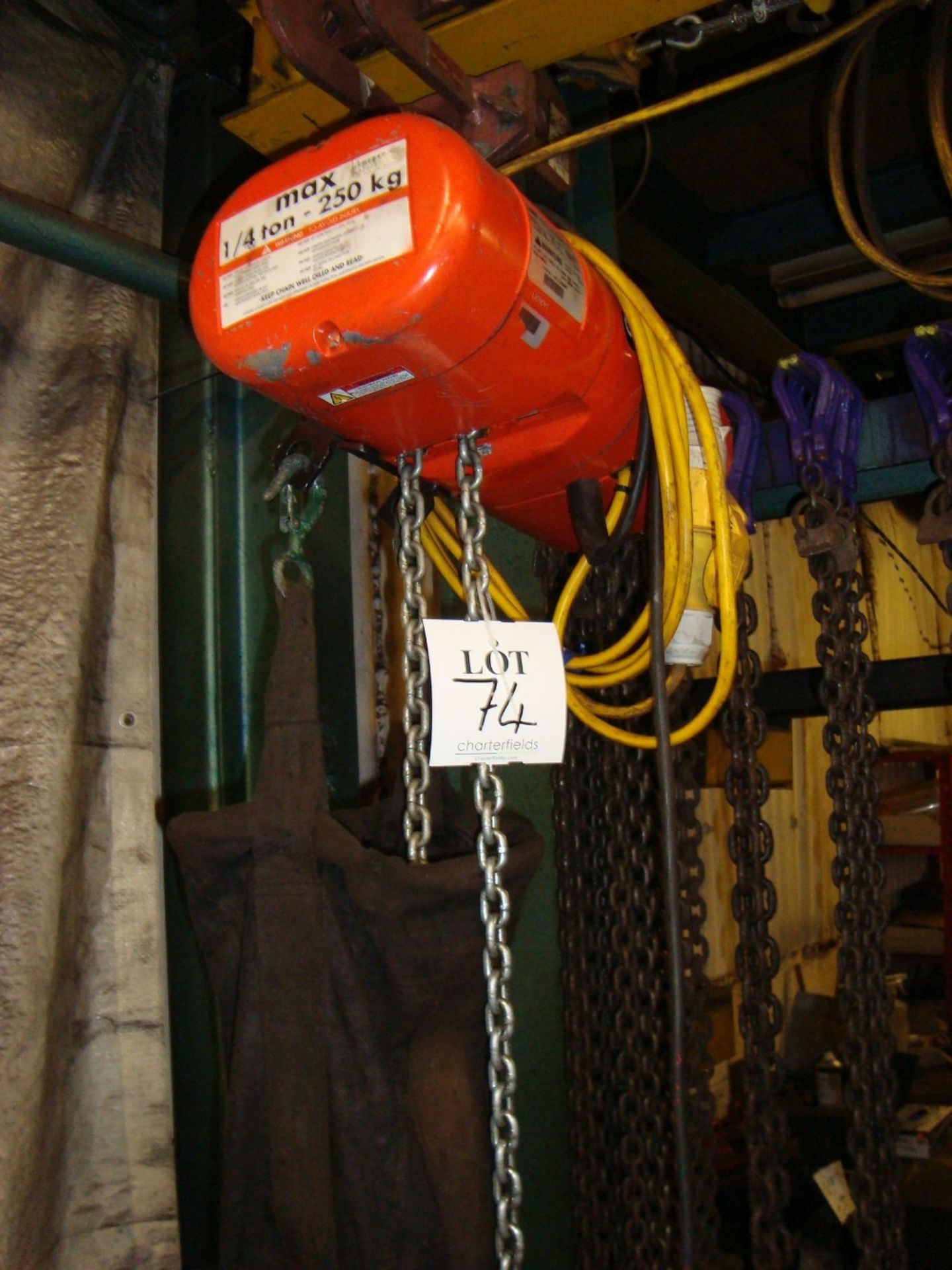 A CM 250kg pendant controlled chain hoist with beam runners