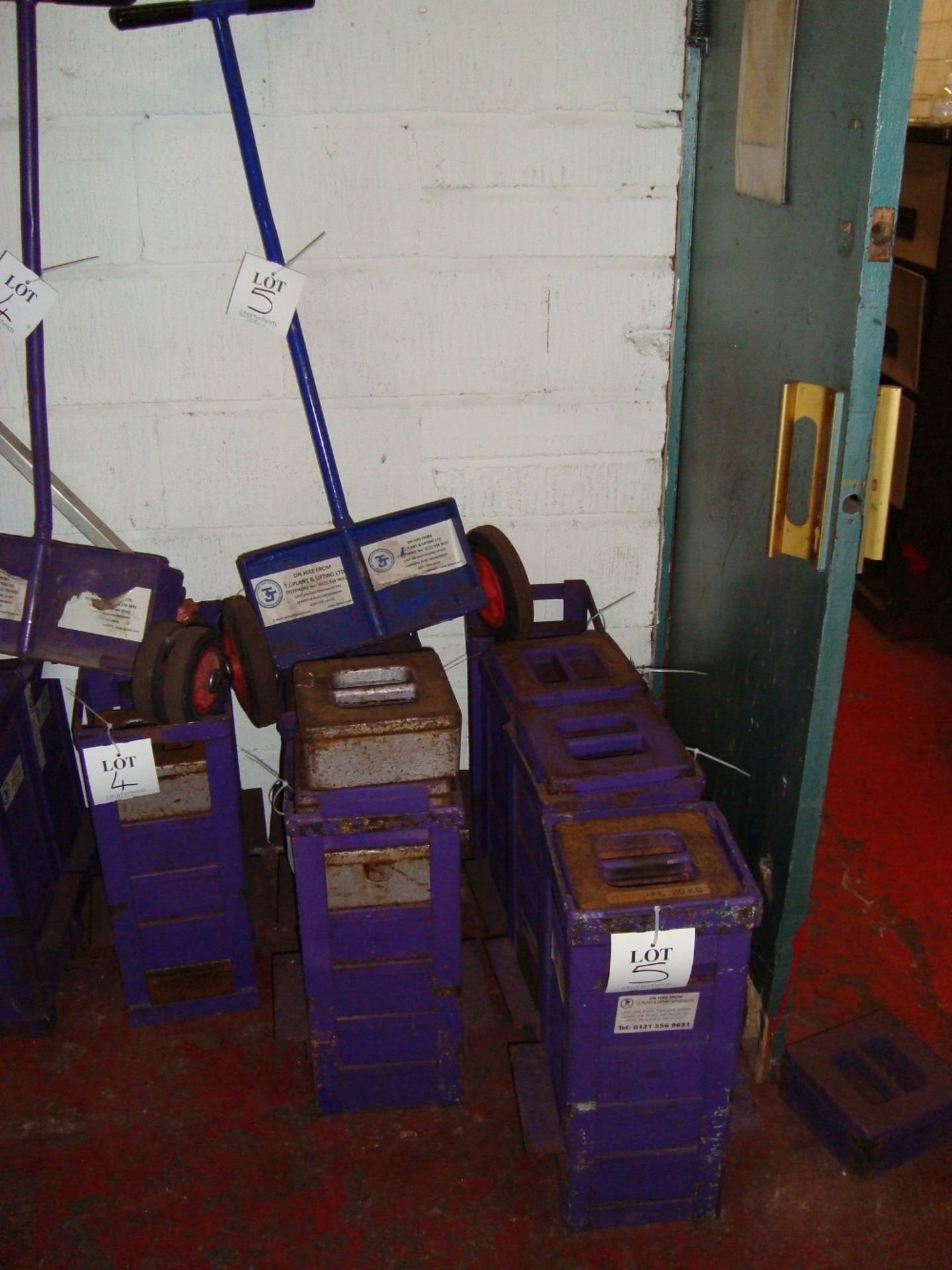 A quantity of 20kg test weights with six stillages and trolley