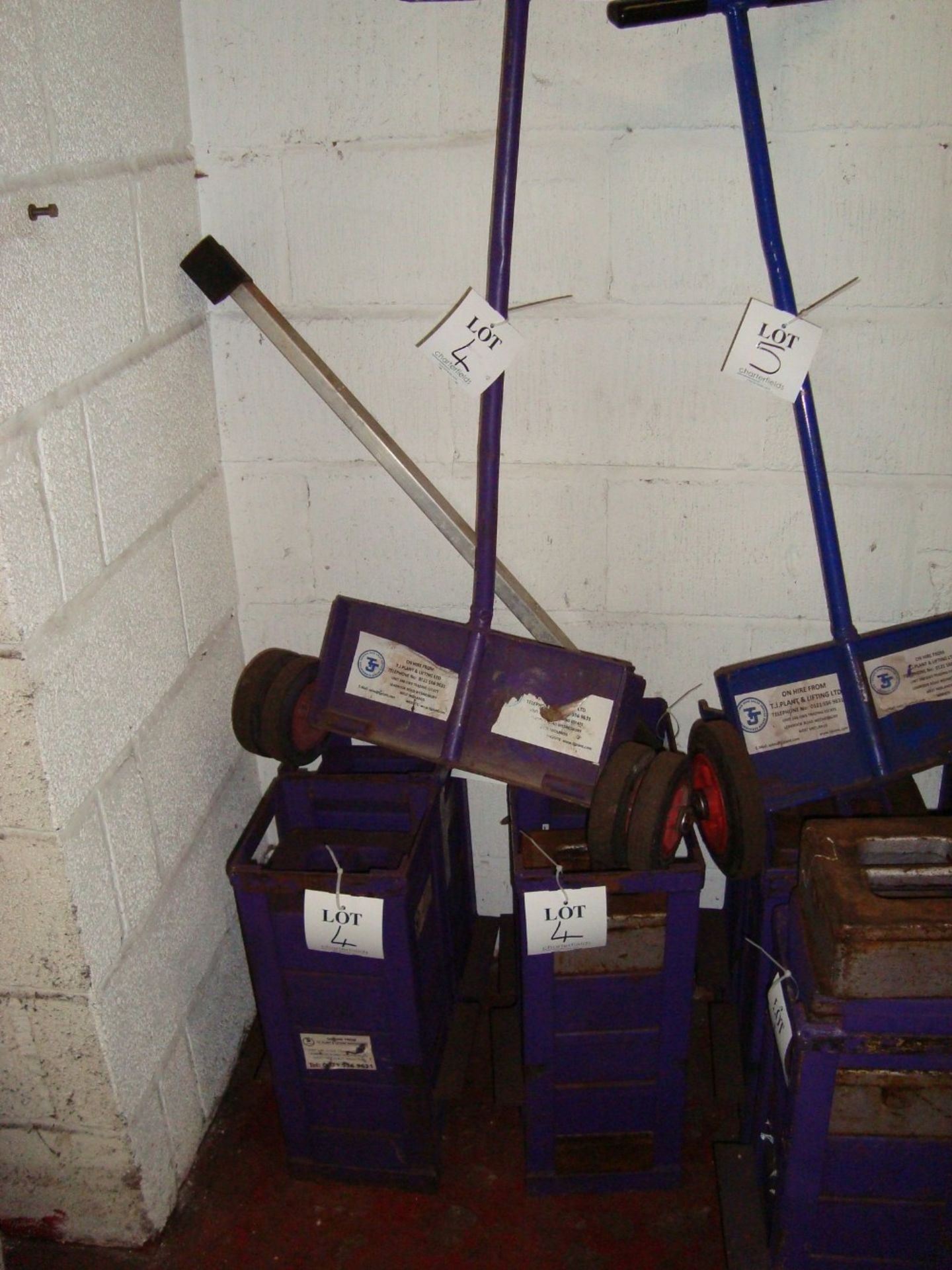 A quantity of 20kg test weights with five stillages and trolley