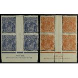 AUSTRALIA 1926-30 3d Die II and 5d perf. 13½x12½, SG 100b, 103a, Ash imprint blocks of four, fine