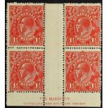 AUSTRALIA 1924-25 1½d scarlet, SG 77, Harrison imprint block of four, fine mint. BW 89(13 or 16), $